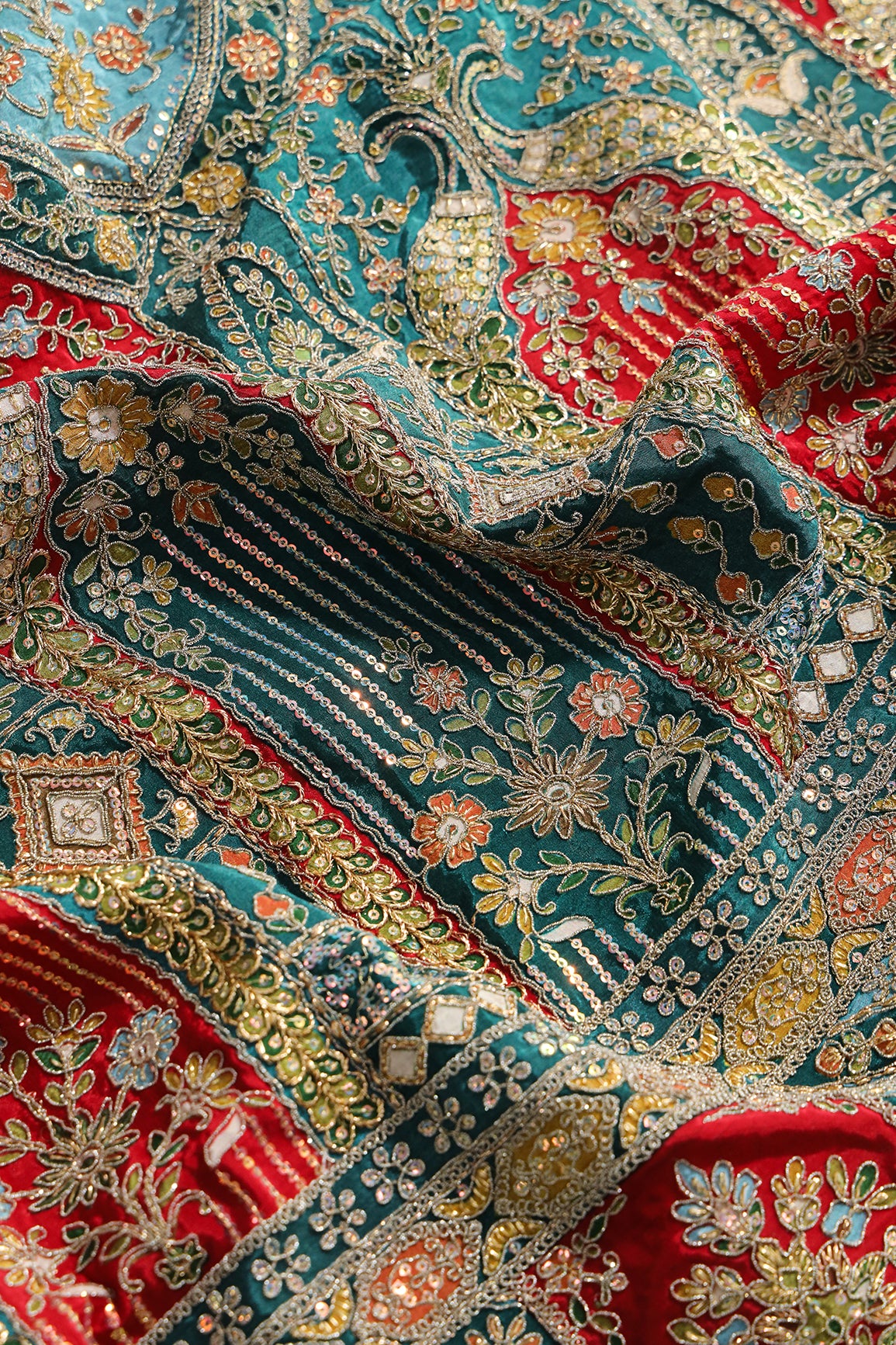 Big Width "48" Heavy Gold Zari With Sequins Floral Embroidery On Peacock Green Pure Crepe Fabric