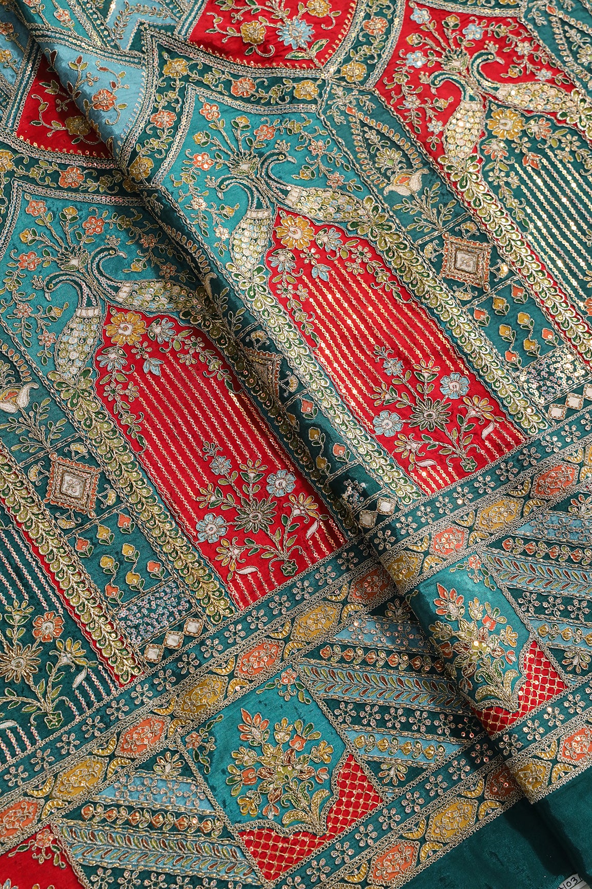 Big Width "48" Heavy Gold Zari With Sequins Floral Embroidery On Peacock Green Pure Crepe Fabric