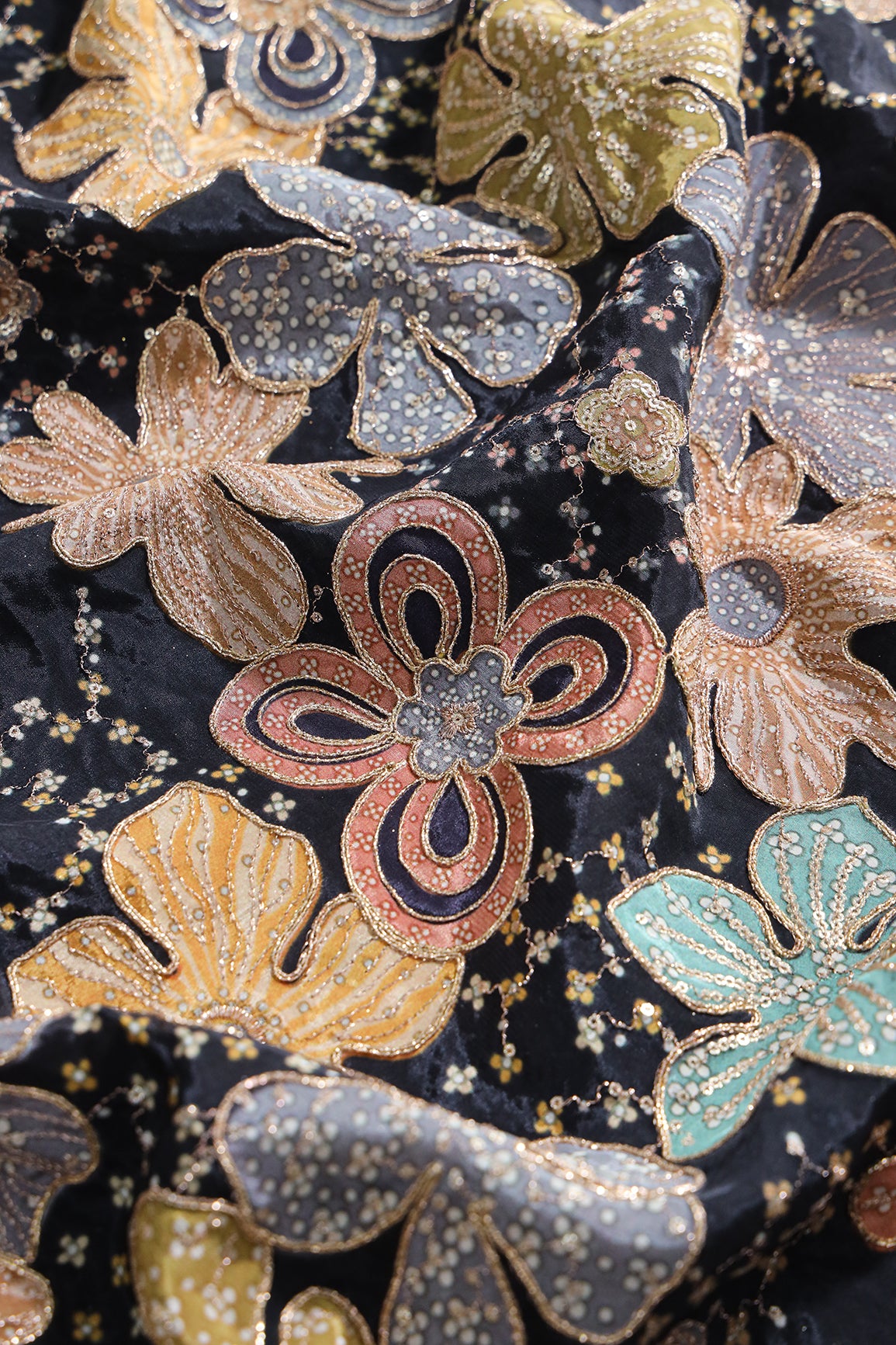 Floral Position Print On Sequins With Zari Embroidery On Black Viscose Zari Tissue Fabric
