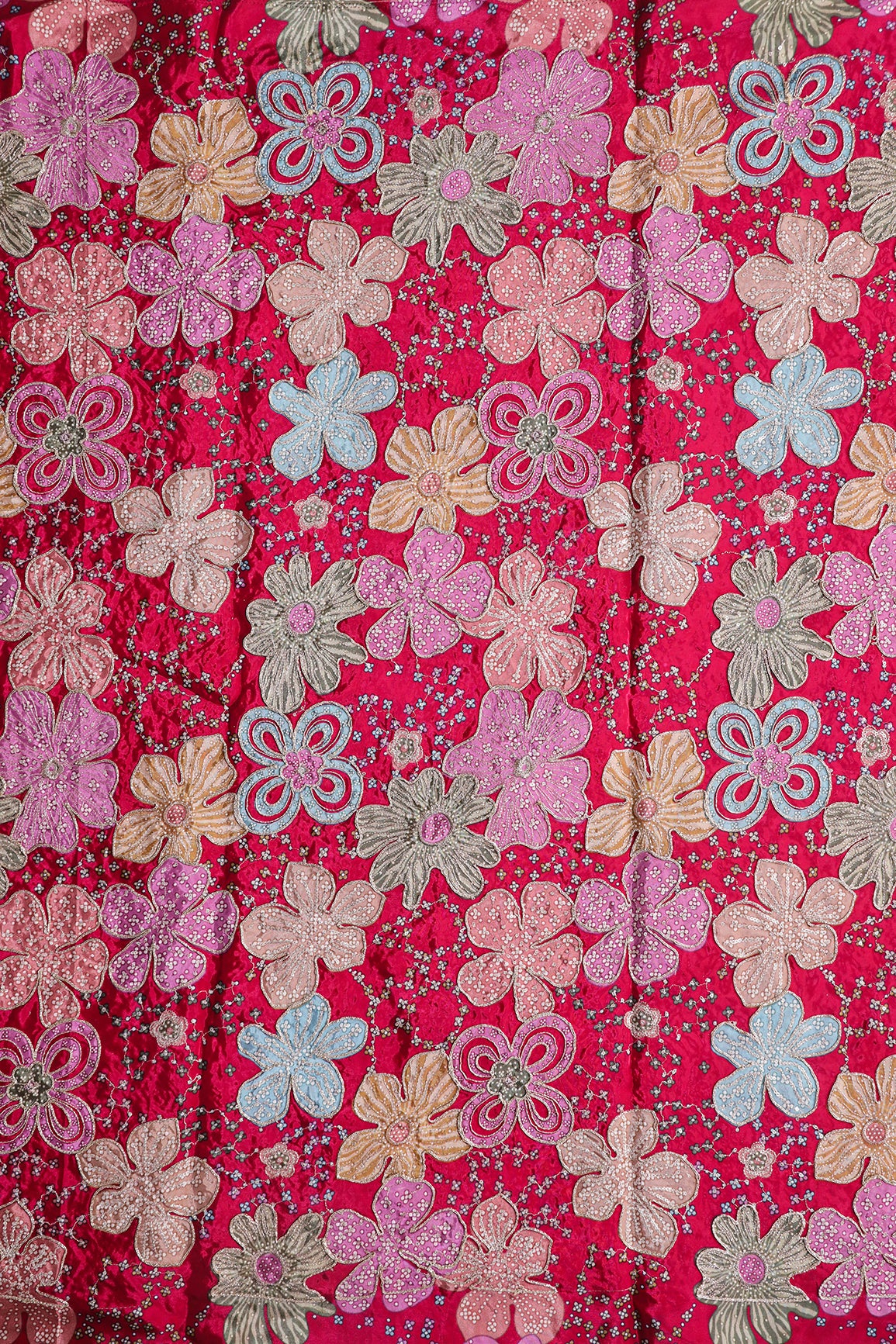 Floral Position Print On Sequins With Zari Embroidery On Fuchsia Viscose Zari Tissue Fabric