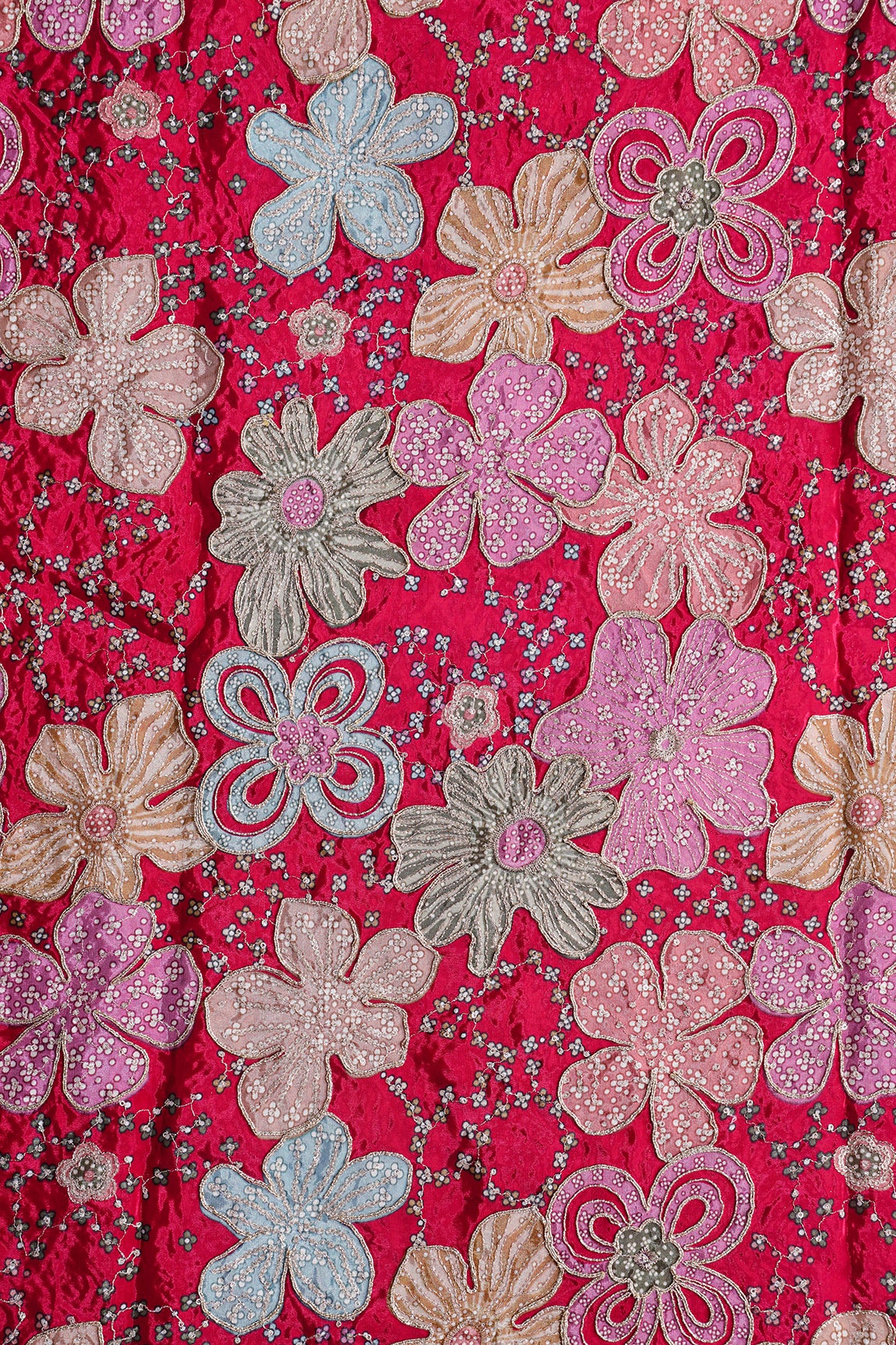 Floral Position Print On Sequins With Zari Embroidery On Fuchsia Viscose Zari Tissue Fabric