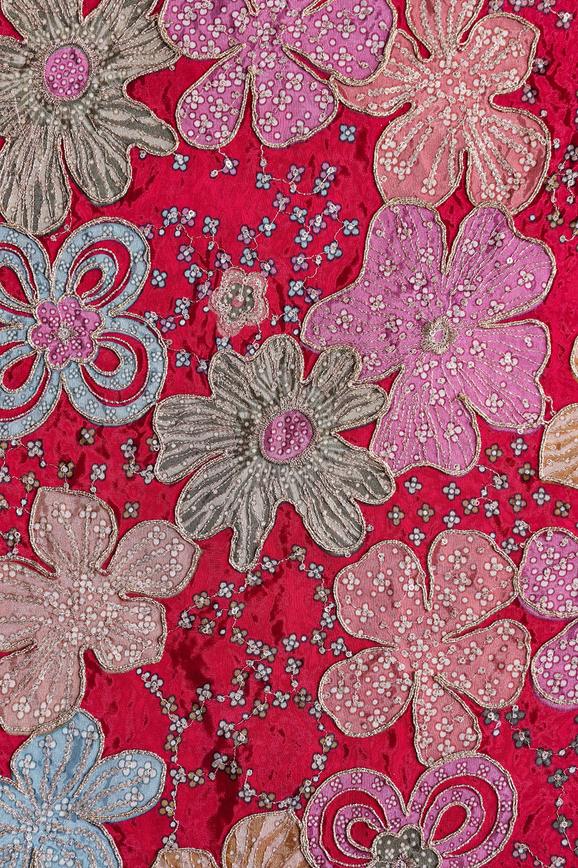 Floral Position Print On Sequins With Zari Embroidery On Fuchsia Viscose Zari Tissue Fabric