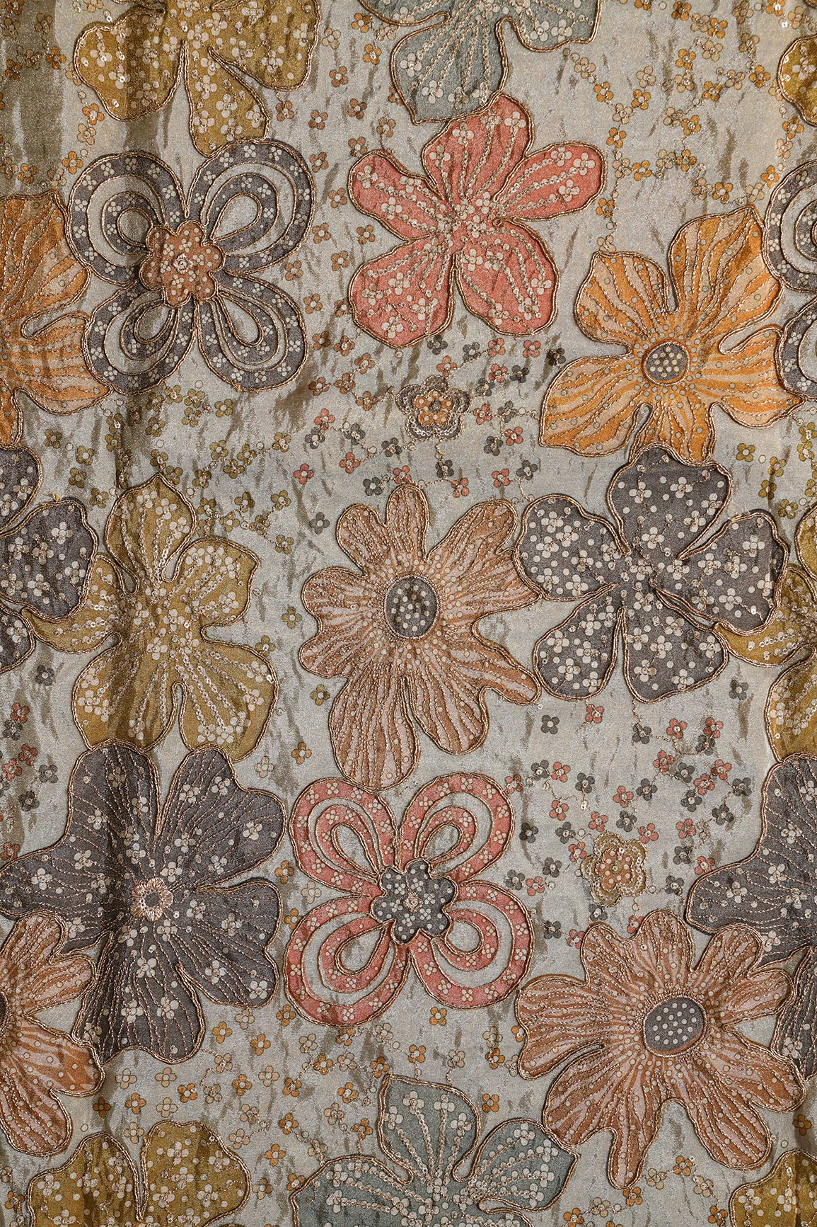 Floral Position Print On Sequins With Zari Embroidery On Pastel Grey Viscose Zari Tissue Fabric