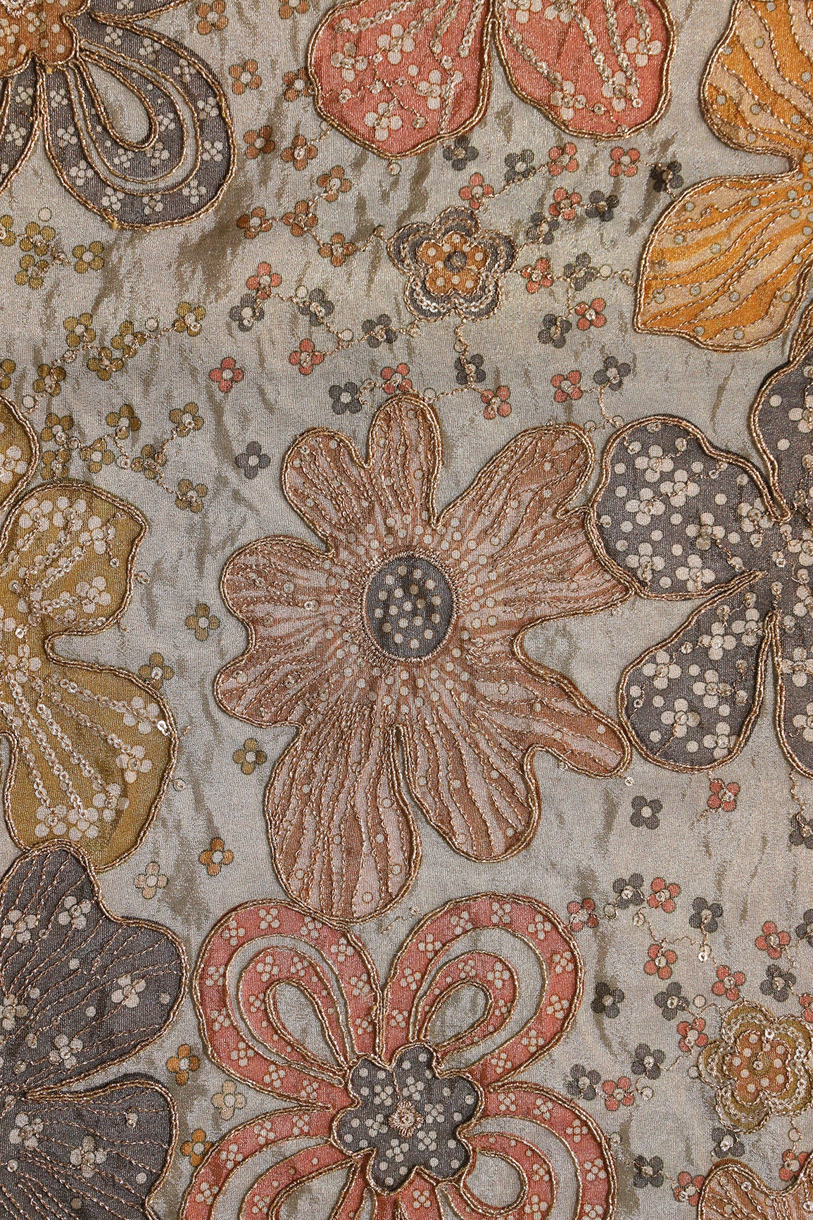 Floral Position Print On Sequins With Zari Embroidery On Pastel Grey Viscose Zari Tissue Fabric