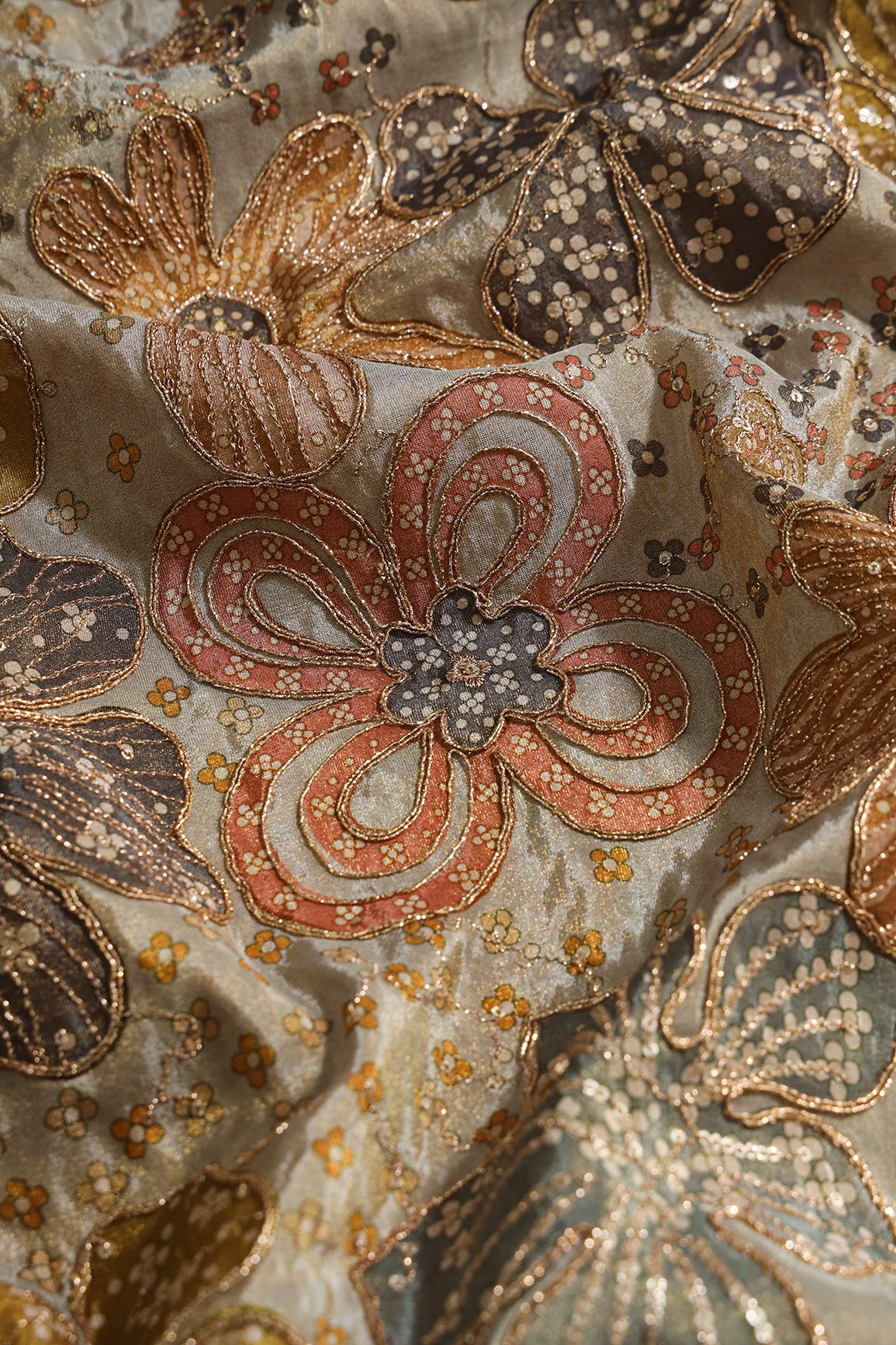 Floral Position Print On Sequins With Zari Embroidery On Pastel Grey Viscose Zari Tissue Fabric