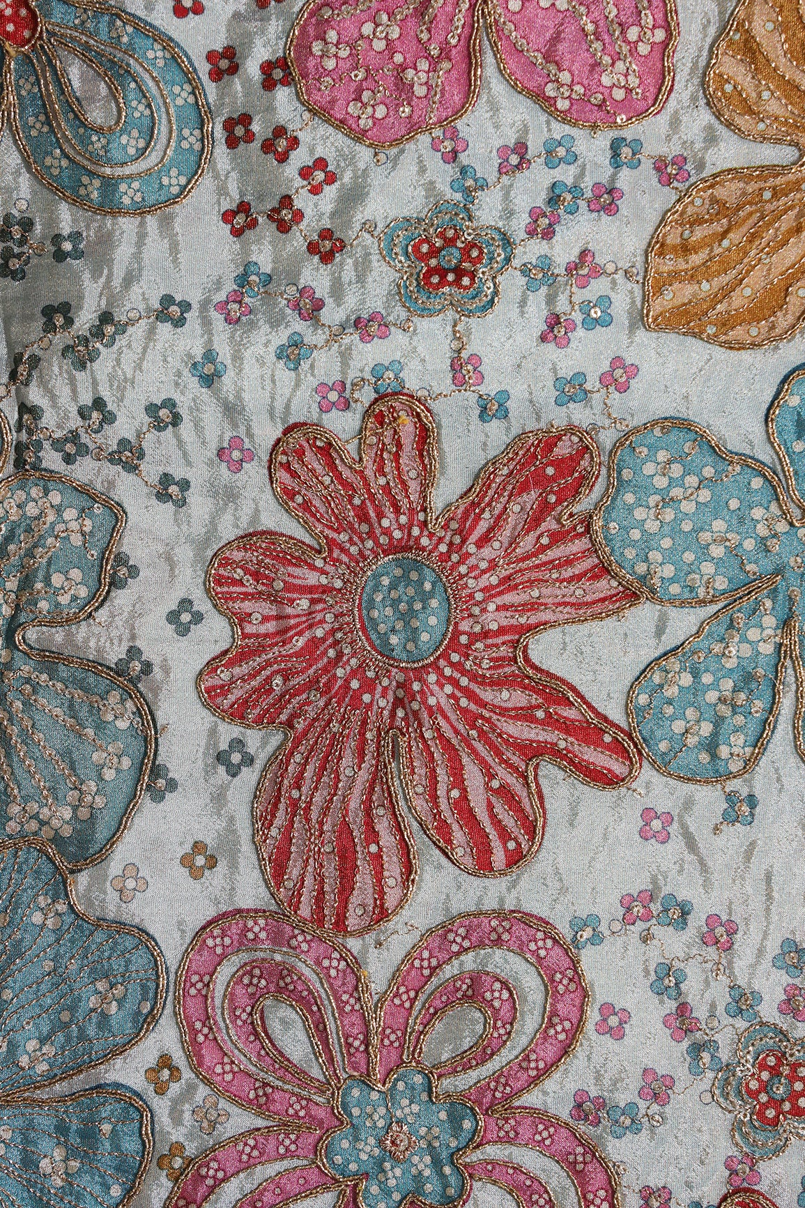 Floral Position Print On Sequins With Zari Embroidery On Pastel Blue Viscose Zari Tissue Fabric