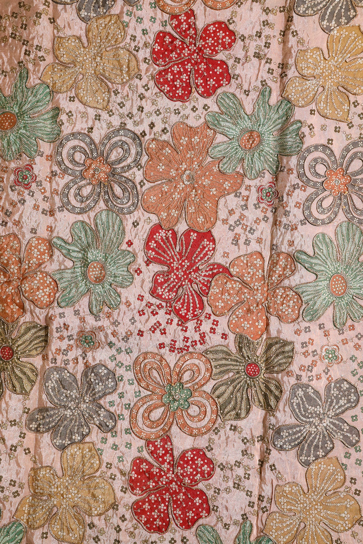 Floral Position Print On Sequins With Zari Embroidery On Light Peach Viscose Zari Tissue Fabric