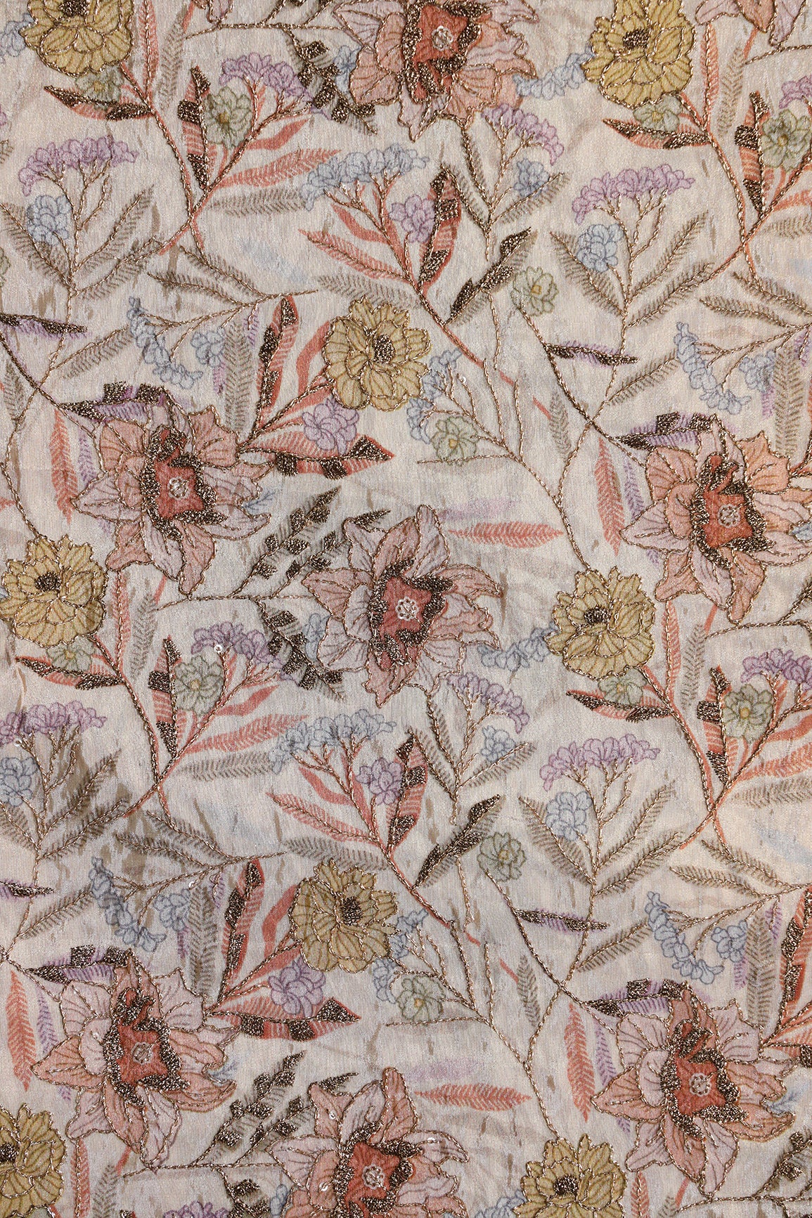 Floral Position Print On Gold Zari With Sequins Embroidery On Light Beige Viscose Zari Tissue Fabric