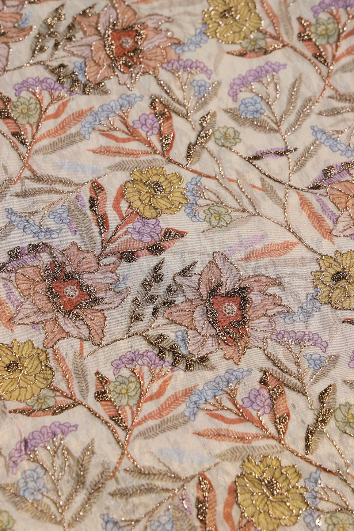 Floral Position Print On Gold Zari With Sequins Embroidery On Light Beige Viscose Zari Tissue Fabric