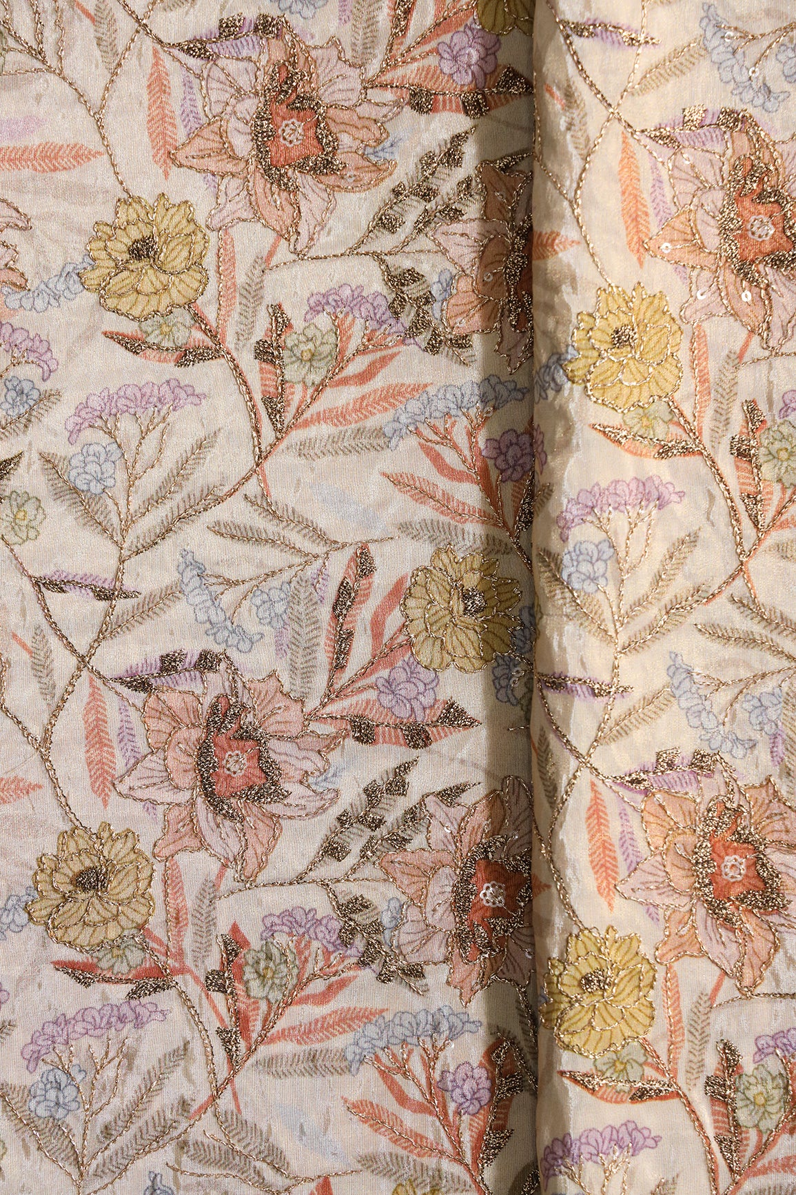 Floral Position Print On Gold Zari With Sequins Embroidery On Light Beige Viscose Zari Tissue Fabric