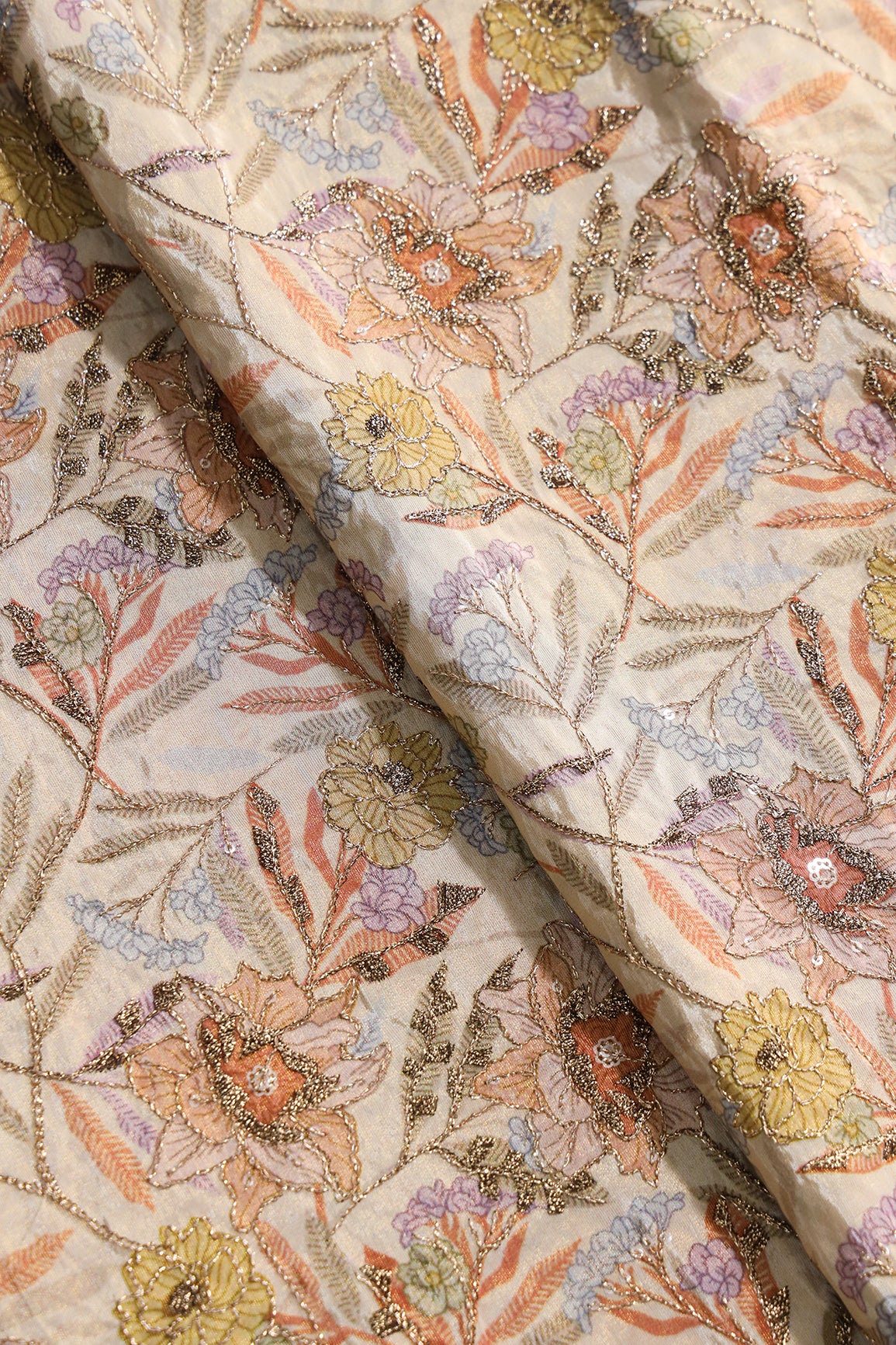 Floral Position Print On Gold Zari With Sequins Embroidery On Light Beige Viscose Zari Tissue Fabric