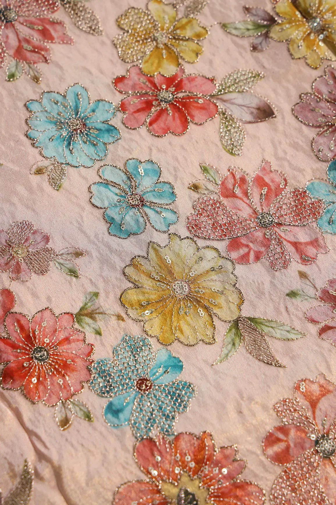Floral Position Print On Gold Zari With Sequins Embroidery On Pastel Pink Viscose Zari Tissue Fabric