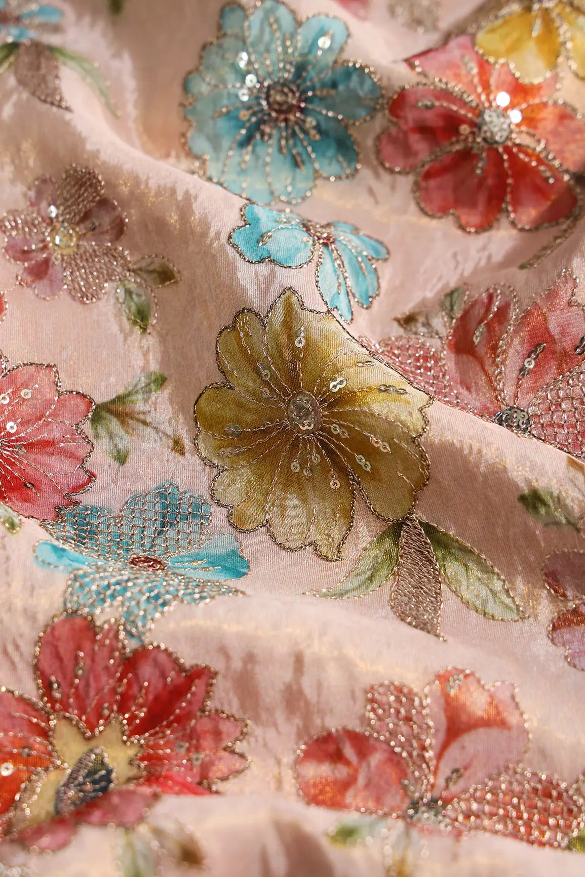 Floral Position Print On Gold Zari With Sequins Embroidery On Pastel Pink Viscose Zari Tissue Fabric