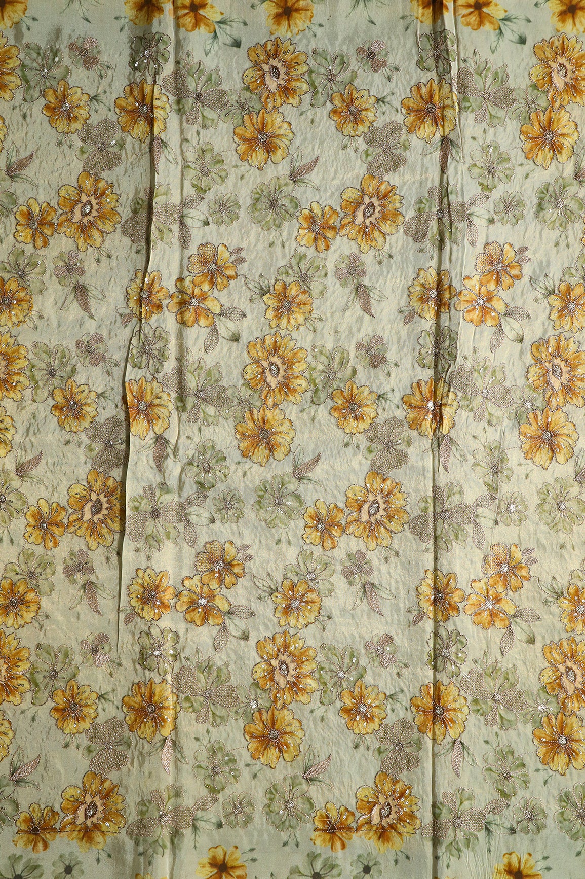 Floral Position Print On Gold Zari With Sequins Embroidery On Olive Viscose Zari Tissue Fabric