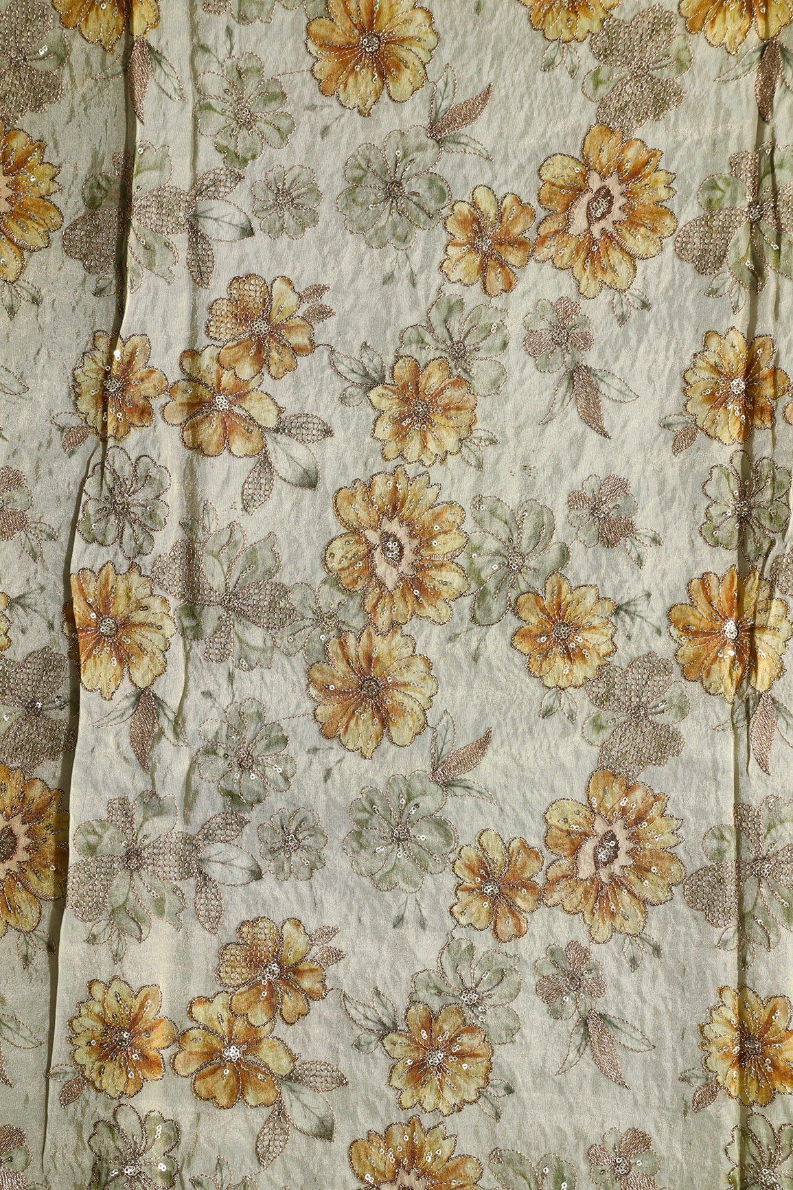 Floral Position Print On Gold Zari With Sequins Embroidery On Olive Viscose Zari Tissue Fabric