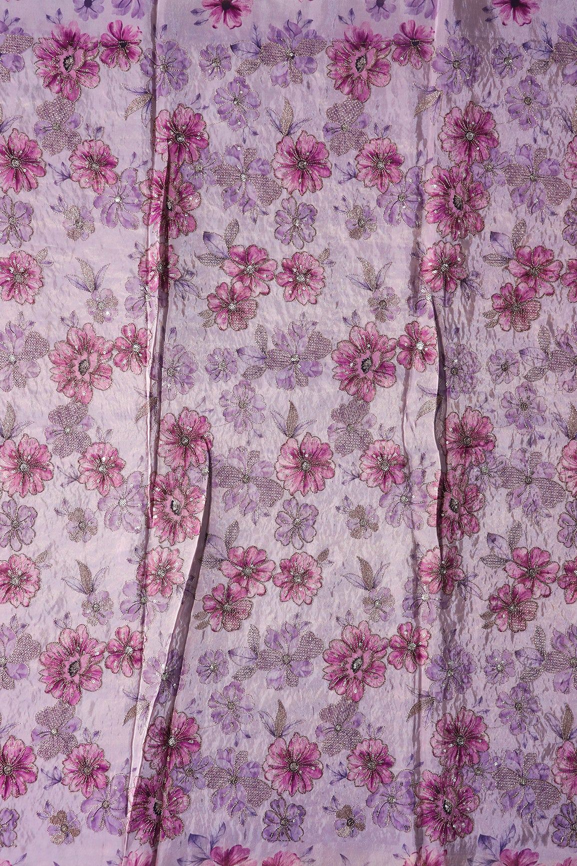 Floral Position Print On Gold Zari With Sequins Embroidery On Lavender Viscose Zari Tissue Fabric