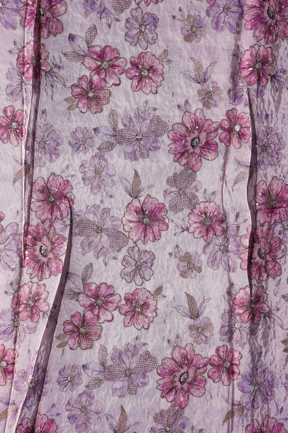 Floral Position Print On Gold Zari With Sequins Embroidery On Lavender Viscose Zari Tissue Fabric
