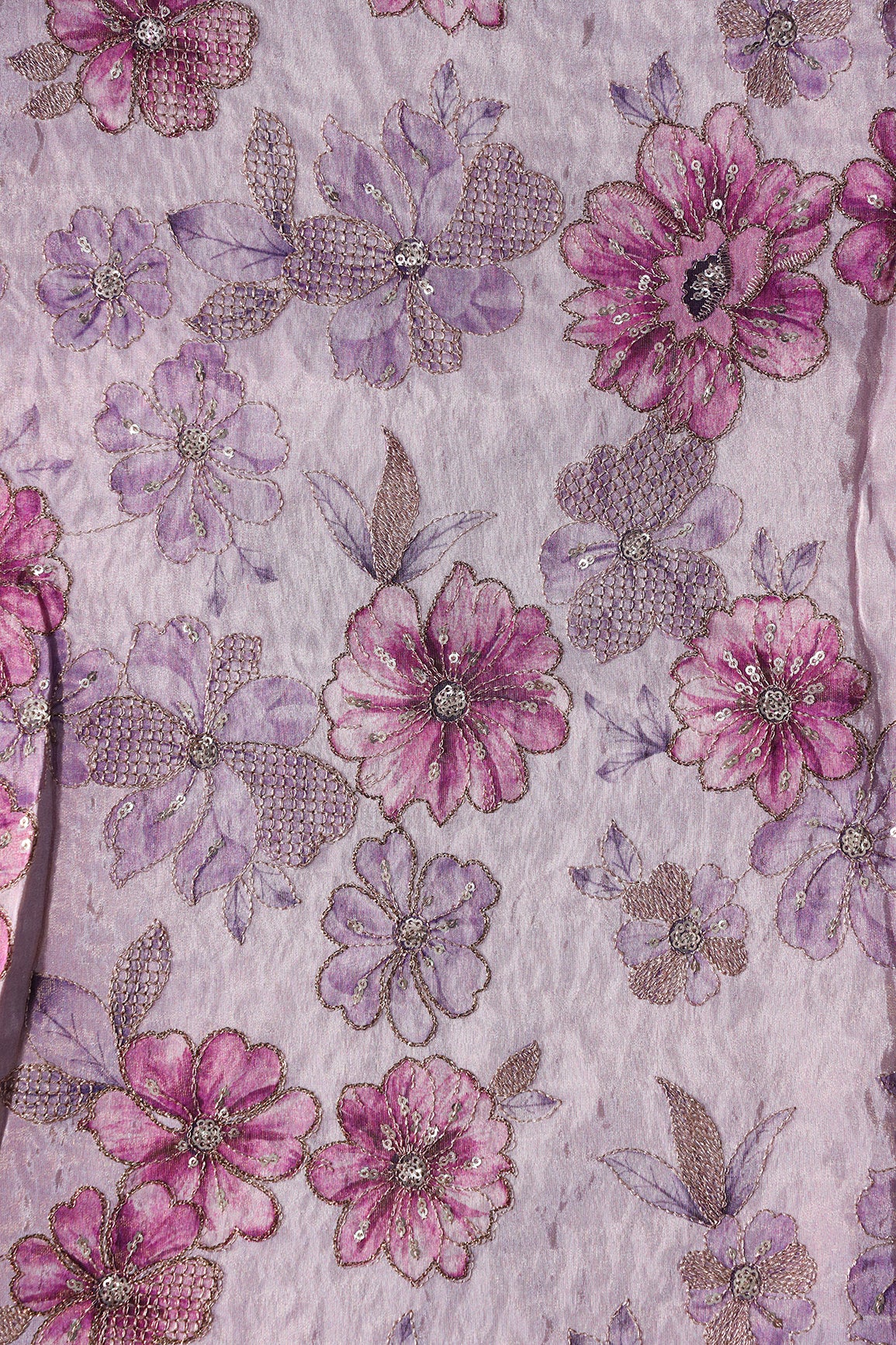 Floral Position Print On Gold Zari With Sequins Embroidery On Lavender Viscose Zari Tissue Fabric