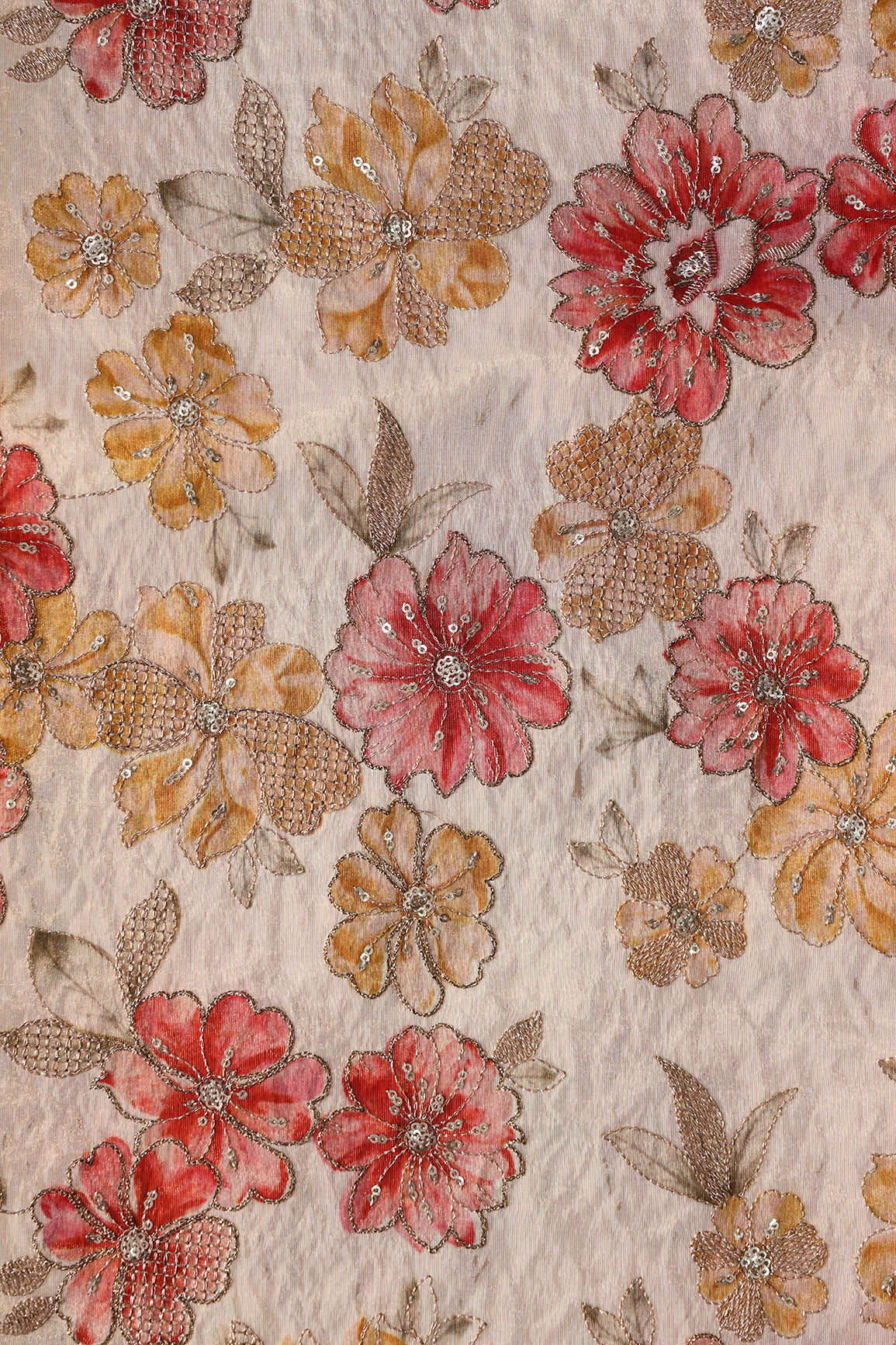 Floral Position Print On Gold Zari With Sequins Embroidery On Light Beige Viscose Zari Tissue Fabric
