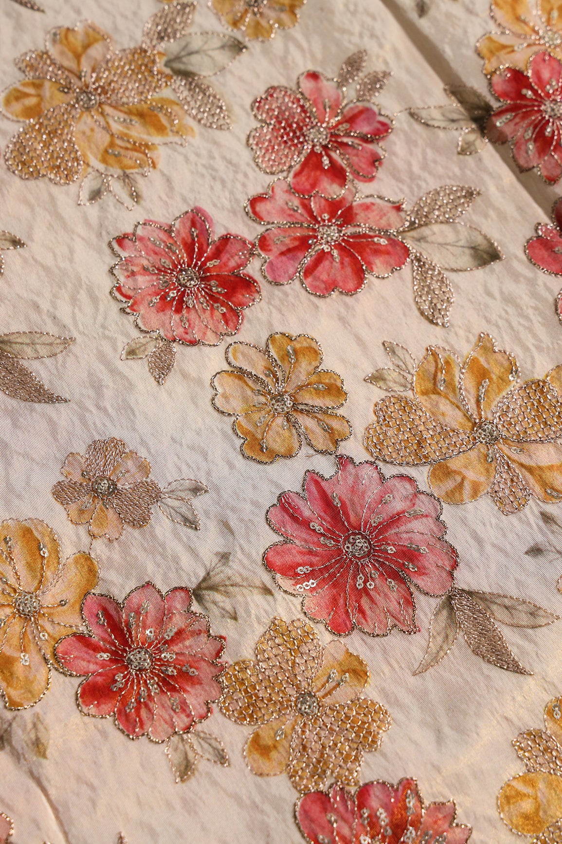 Floral Position Print On Gold Zari With Sequins Embroidery On Light Beige Viscose Zari Tissue Fabric