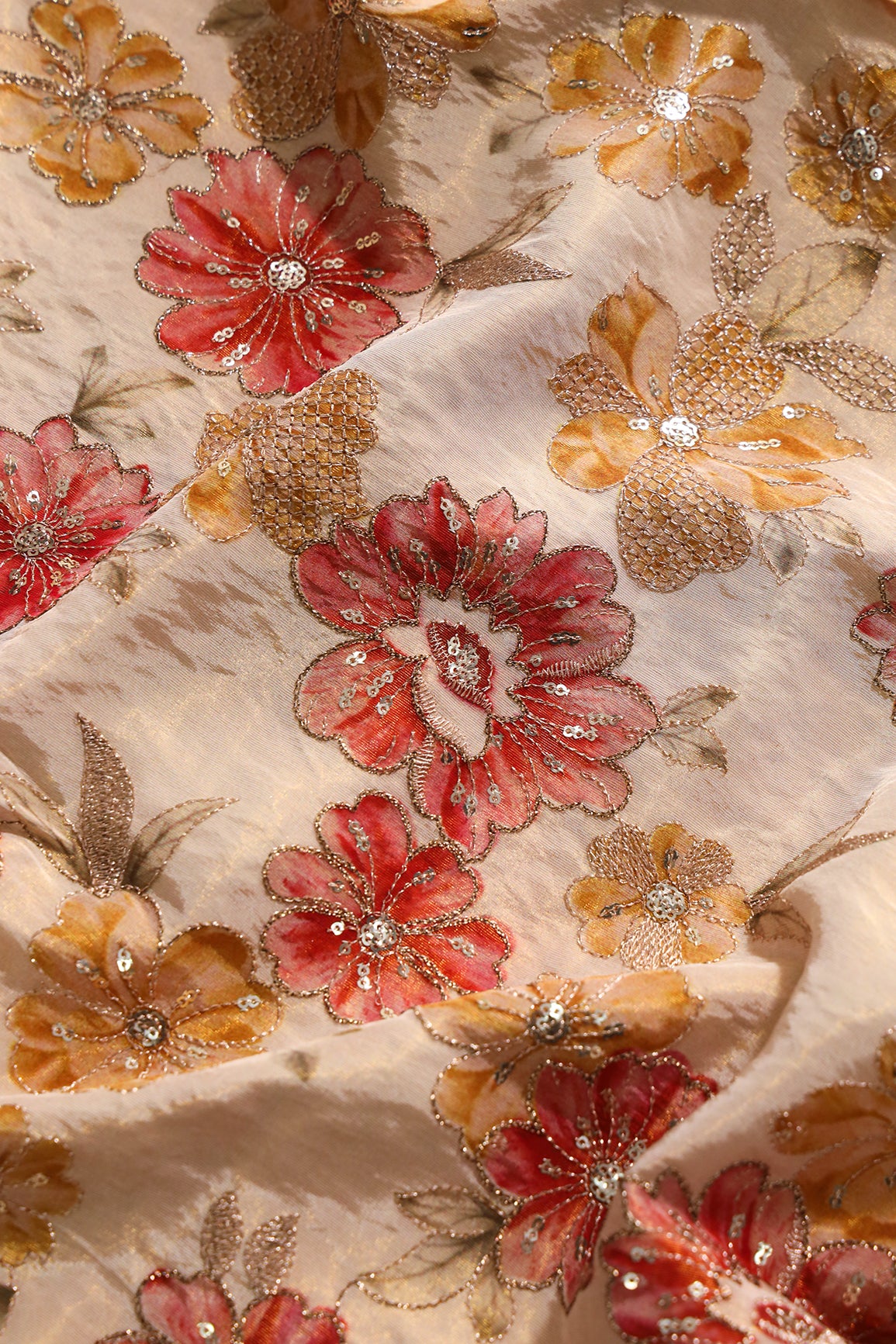 Floral Position Print On Gold Zari With Sequins Embroidery On Light Beige Viscose Zari Tissue Fabric