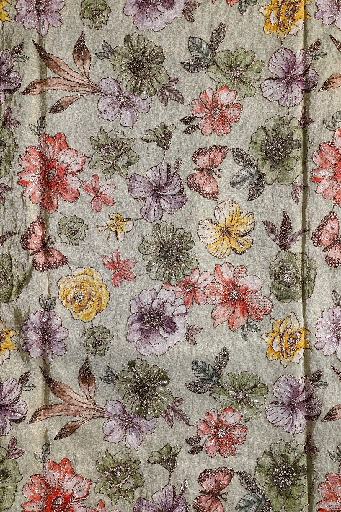 Floral Position Print On Gold Zari With Sequins Embroidery On Olive Viscose Zari Tissue Fabric