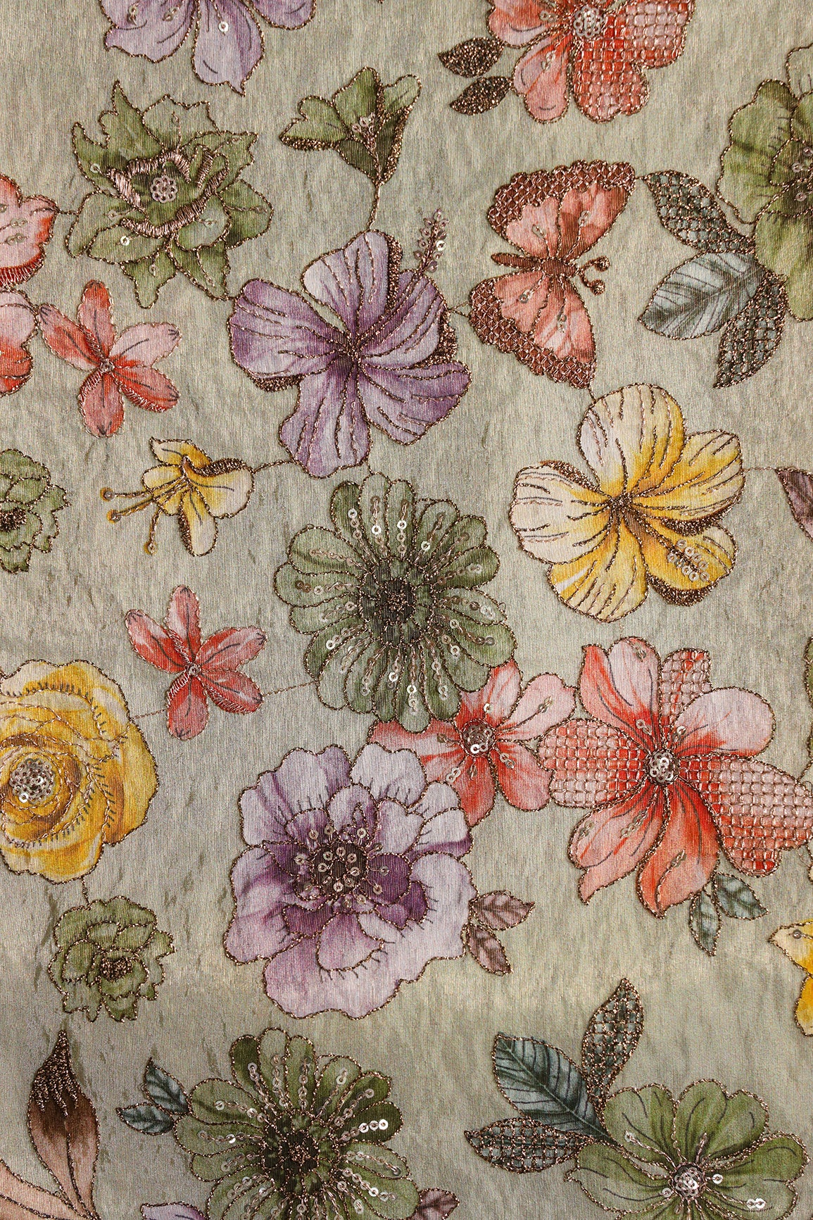Floral Position Print On Gold Zari With Sequins Embroidery On Olive Viscose Zari Tissue Fabric