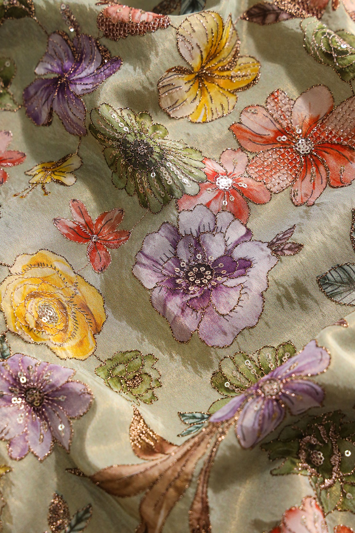 Floral Position Print On Gold Zari With Sequins Embroidery On Olive Viscose Zari Tissue Fabric