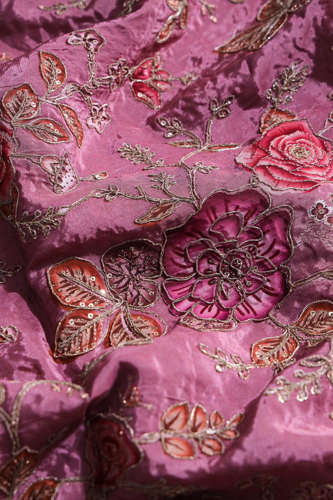 Floral Position Print On Sequins With Zari Embroidery On Dark Mauve Viscose Zari Tissue Fabric