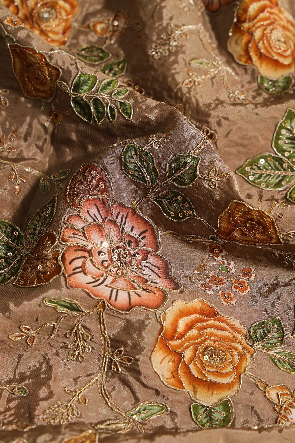 Floral Position Print On Sequins With Zari Embroidery On Brown Viscose Zari Tissue Fabric