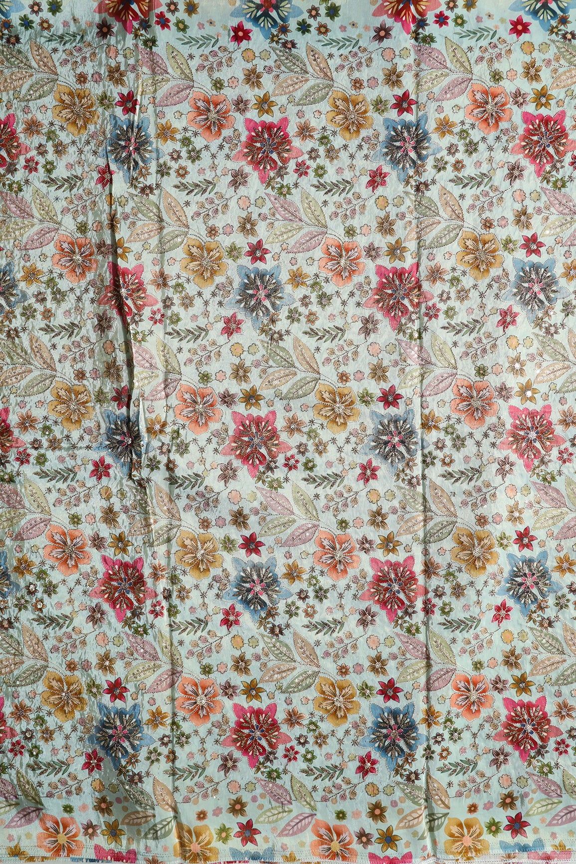 Floral Positional Print On Sequins With Zari Embroidery On Pastel Blue Viscose Zari Tissue Fabric