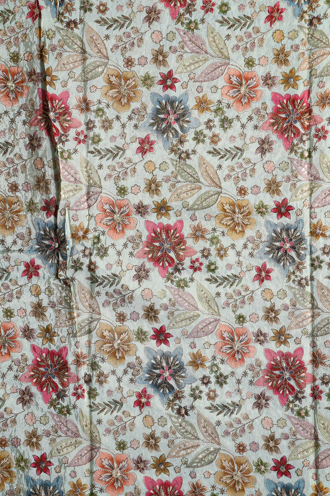 Floral Positional Print On Sequins With Zari Embroidery On Pastel Blue Viscose Zari Tissue Fabric