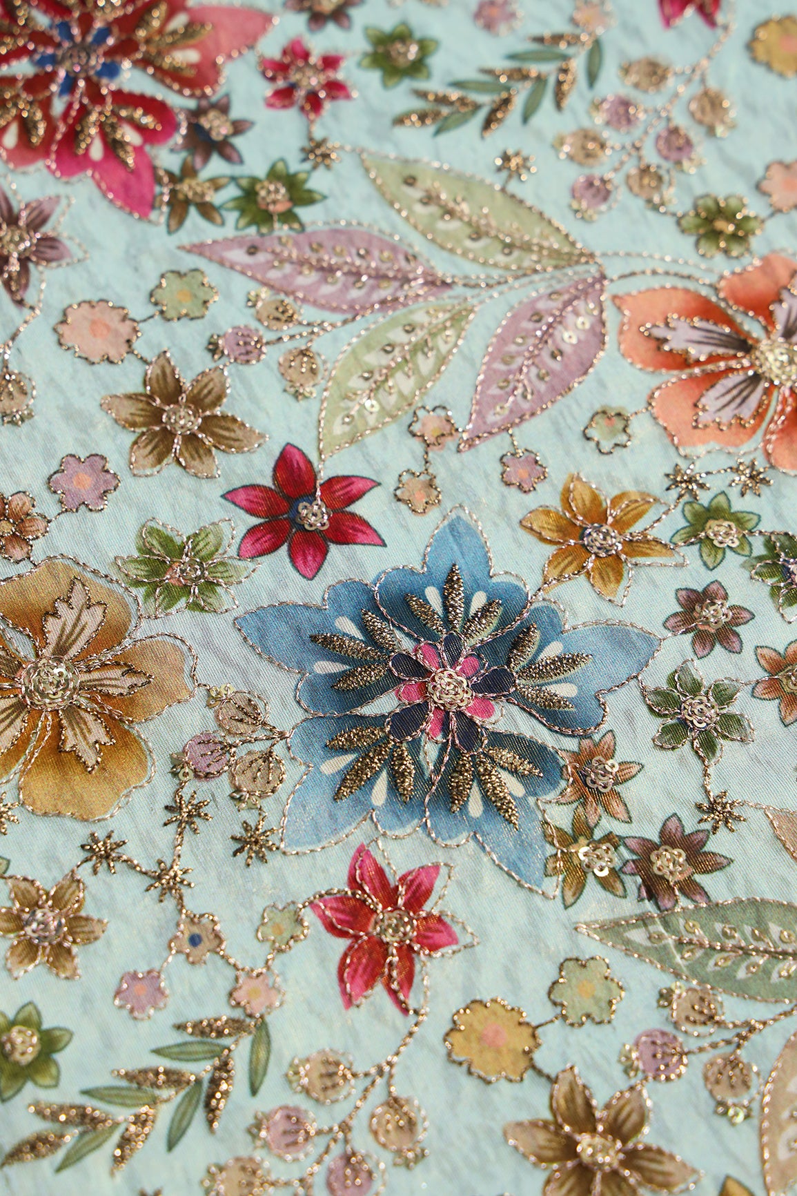 Floral Positional Print On Sequins With Zari Embroidery On Pastel Blue Viscose Zari Tissue Fabric