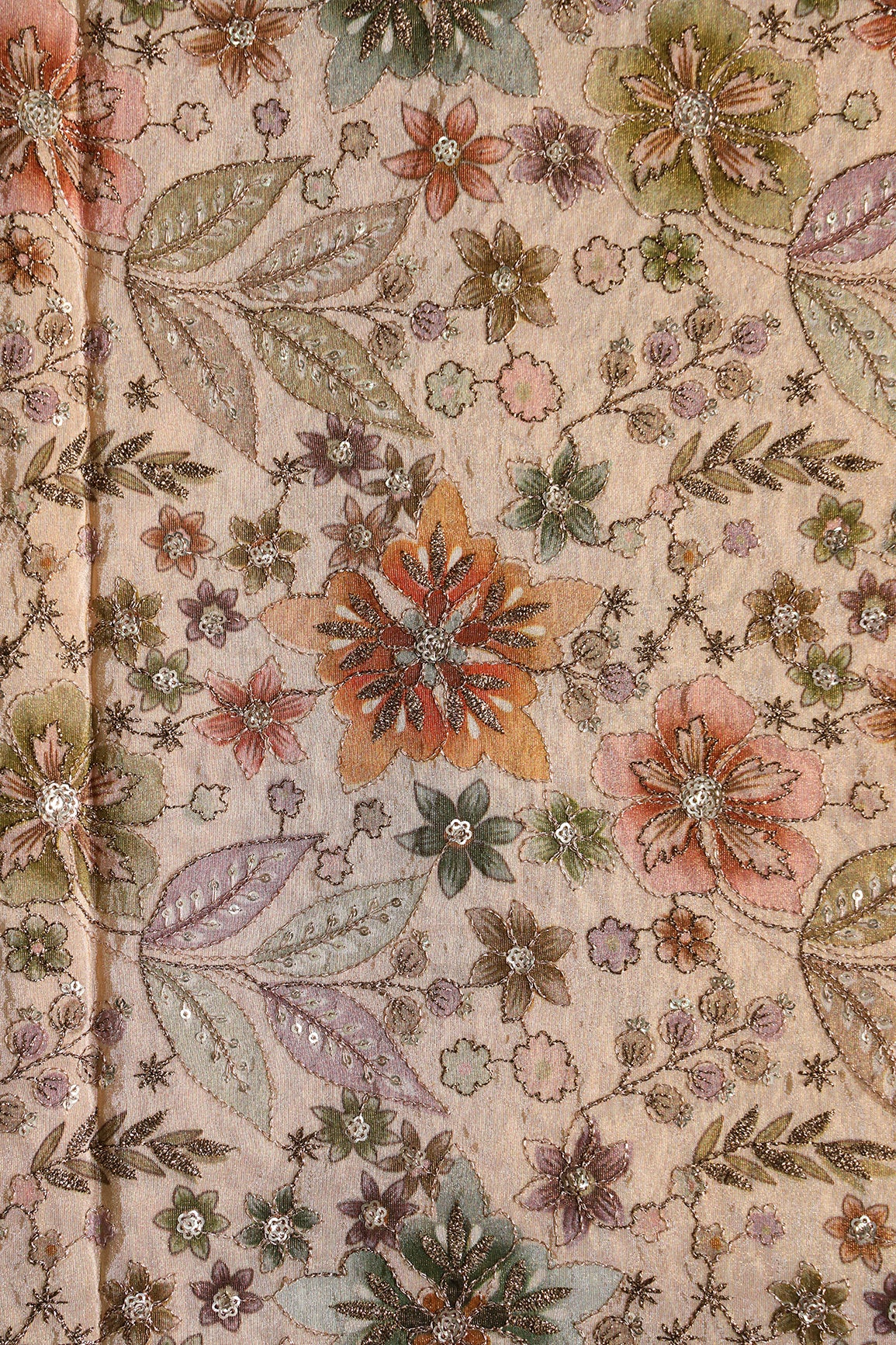 Floral Position Print On Sequins With Zari Embroidery On Beige Viscose Zari Tissue Fabric