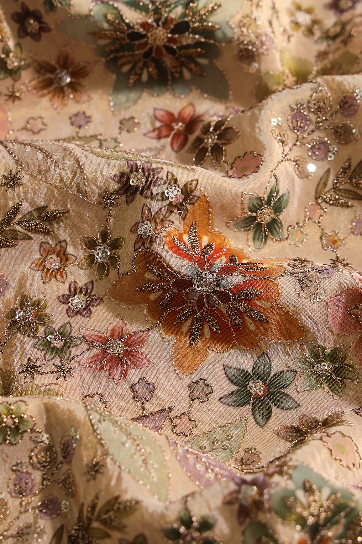Floral Position Print On Sequins With Zari Embroidery On Beige Viscose Zari Tissue Fabric