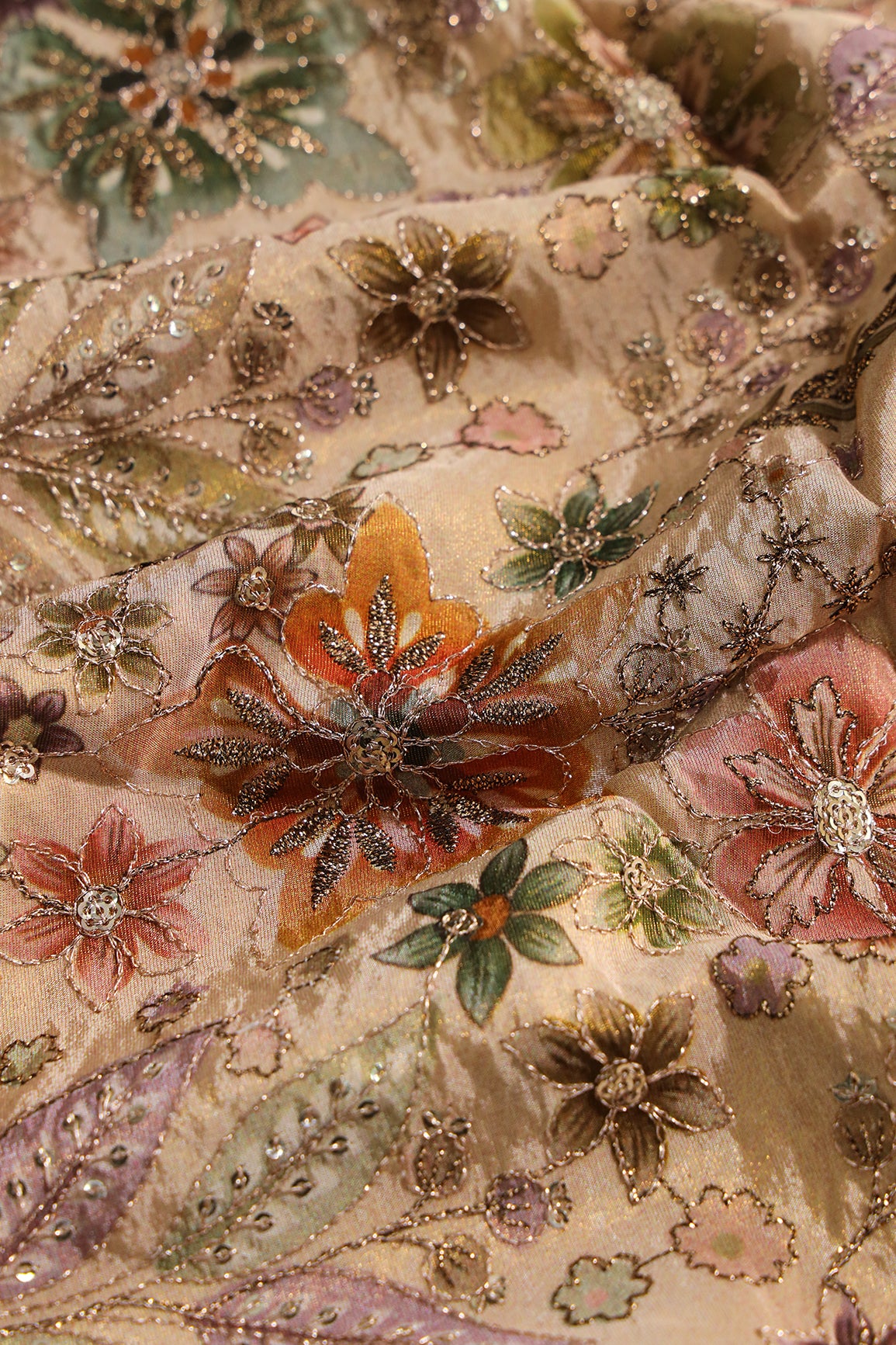 Floral Position Print On Sequins With Zari Embroidery On Beige Viscose Zari Tissue Fabric