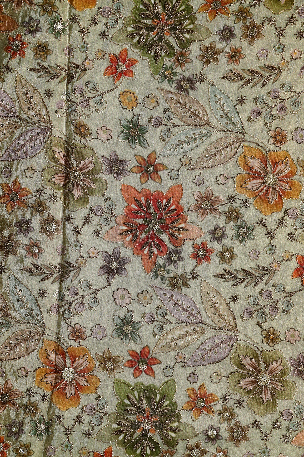 Floral Positional Print On Sequins With Zari Embroidery On Light Olive Viscose Zari Tissue Fabric