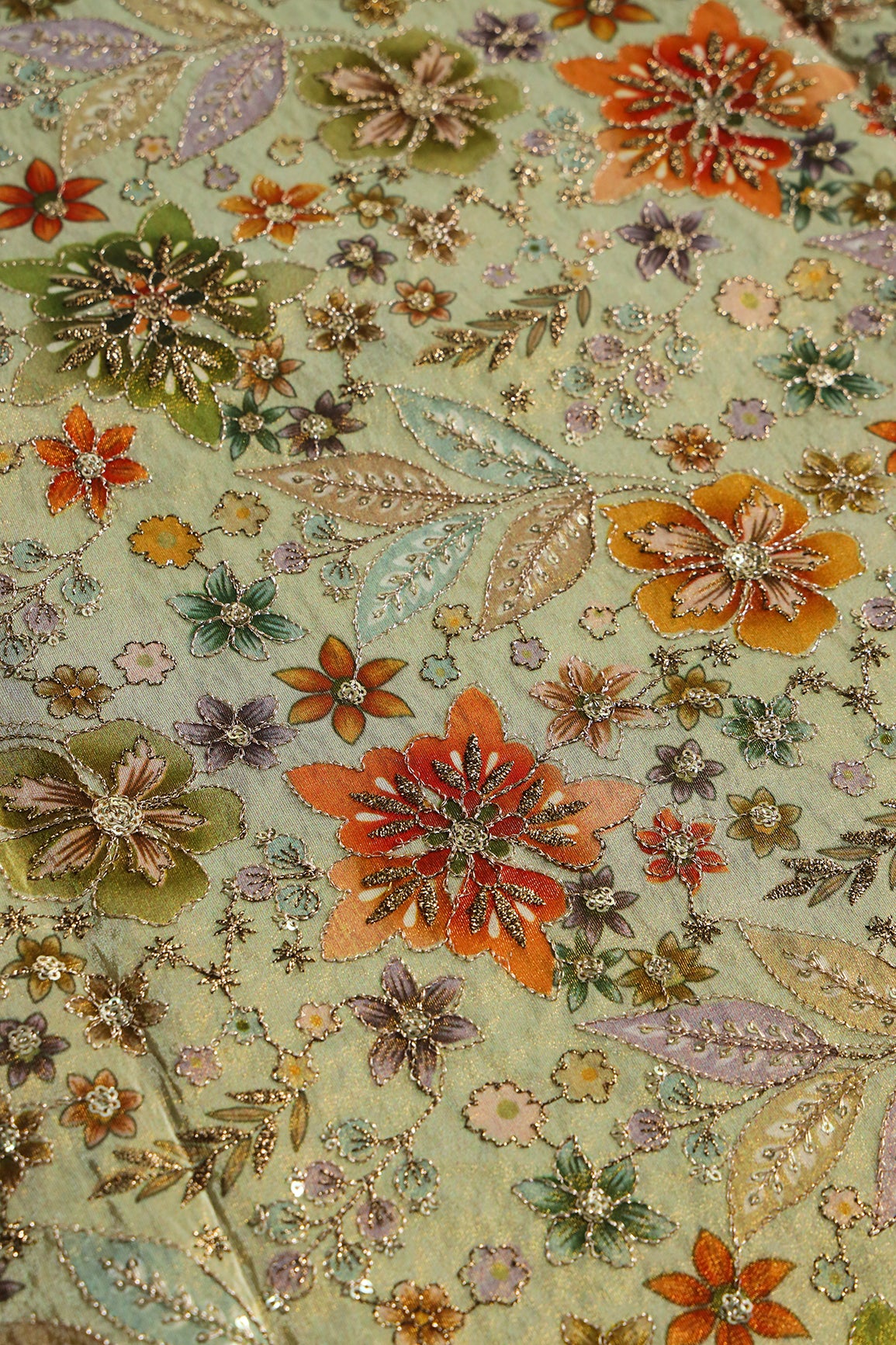 Floral Positional Print On Sequins With Zari Embroidery On Light Olive Viscose Zari Tissue Fabric