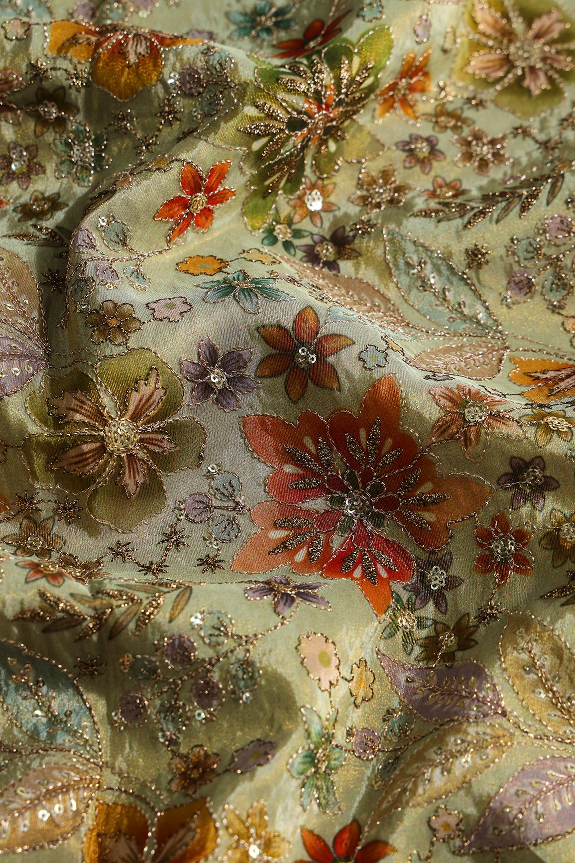 Floral Positional Print On Sequins With Zari Embroidery On Light Olive Viscose Zari Tissue Fabric