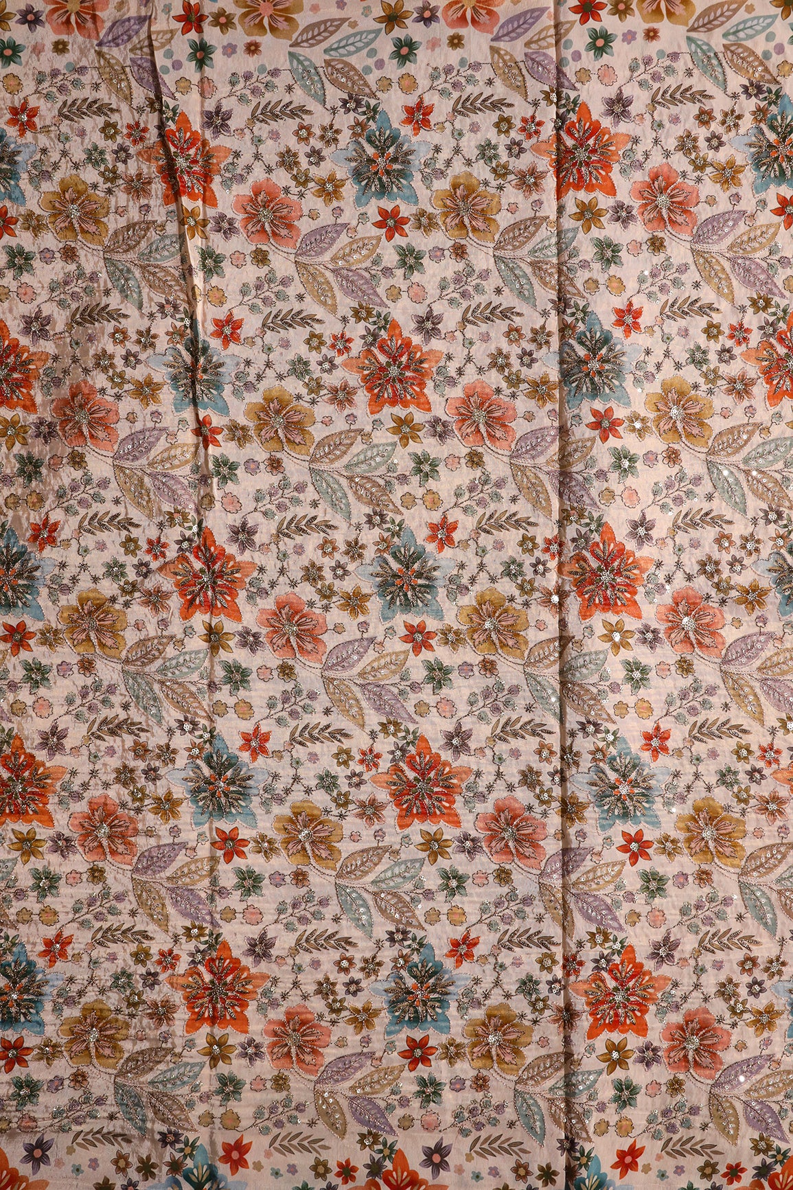 Floral Positional Print On Sequins With Zari Embroidery On Light Beige Viscose Zari Tissue Fabric