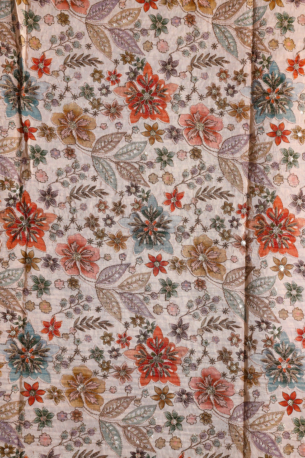 Floral Positional Print On Sequins With Zari Embroidery On Light Beige Viscose Zari Tissue Fabric