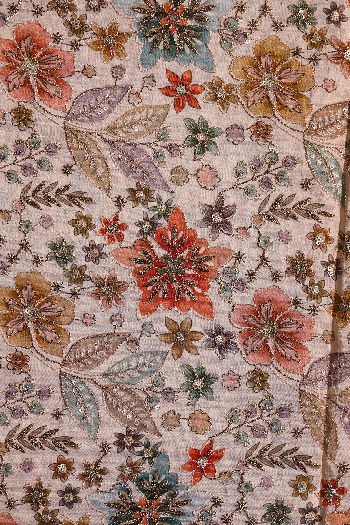 Floral Positional Print On Sequins With Zari Embroidery On Light Beige Viscose Zari Tissue Fabric