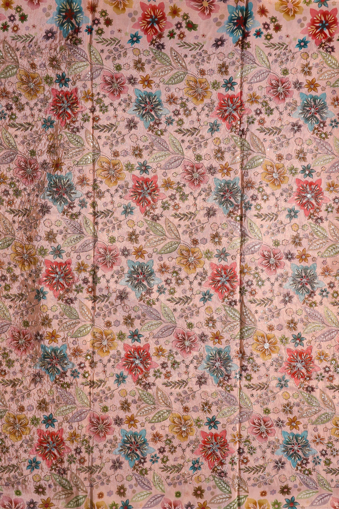 Floral Positional Print On Sequins With Zari Embroidery On Peach Viscose Zari Tissue Fabric