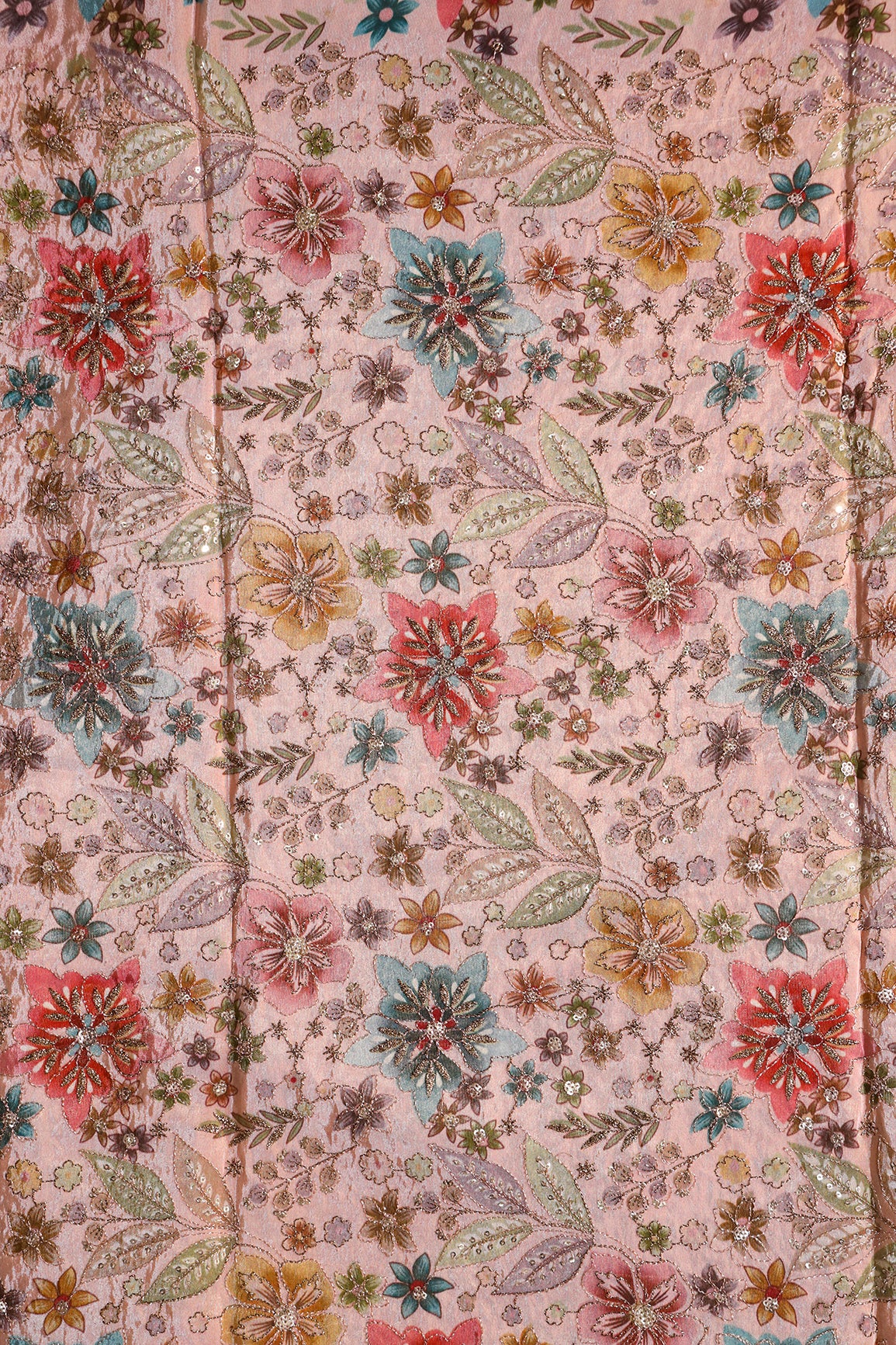 Floral Positional Print On Sequins With Zari Embroidery On Peach Viscose Zari Tissue Fabric