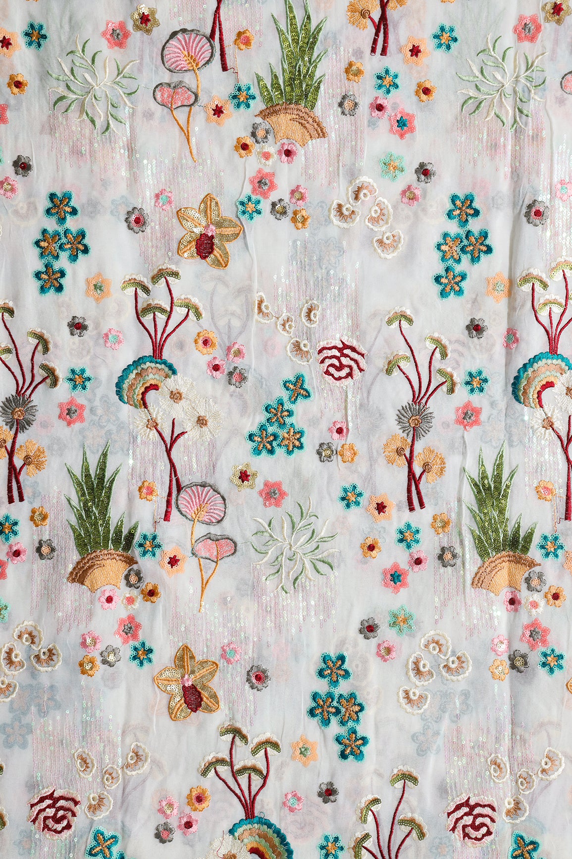 Big Width "52" Multi Sequins With Multi Thread Traditional Embroidery On Dyeable White Viscose Georgette Fabric