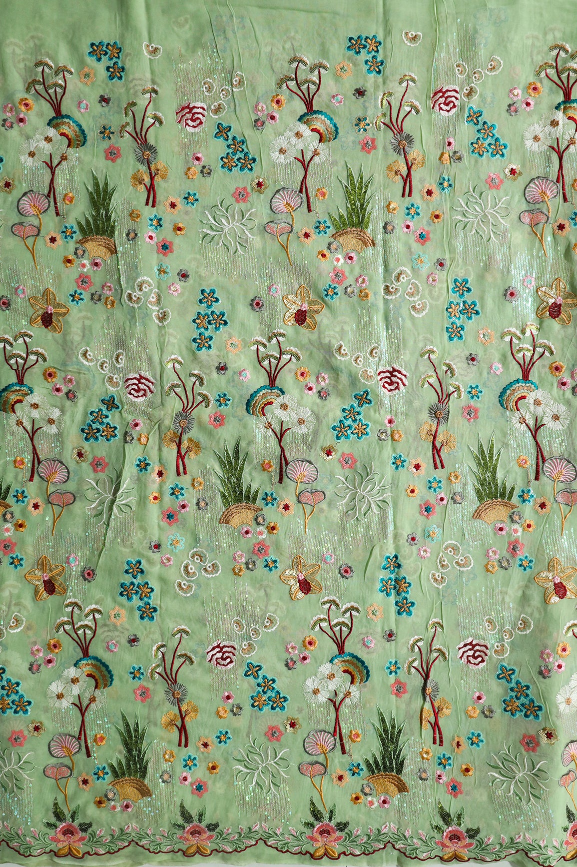 Exclusive Floral Designer Embroidery With Faux Mirror On Olive Viscose Georgette Fabric