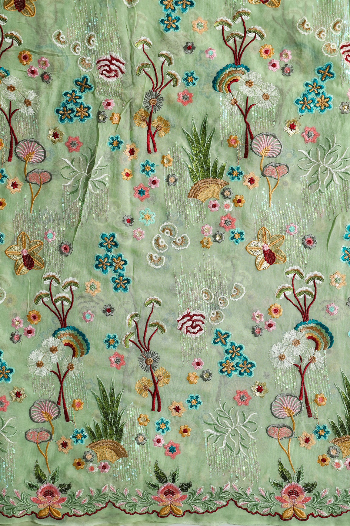 Exclusive Floral Designer Embroidery With Faux Mirror On Olive Viscose Georgette Fabric