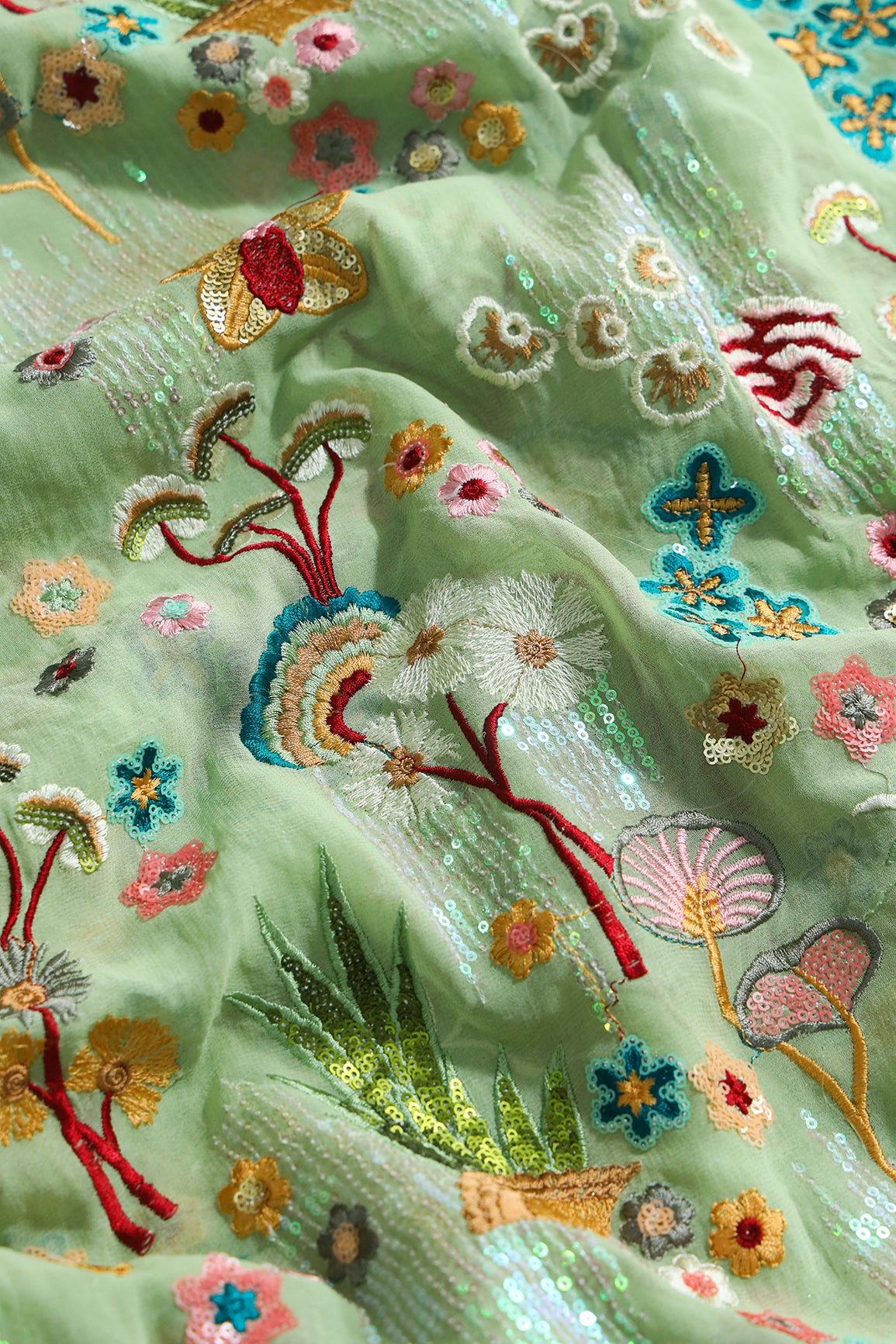 Exclusive Floral Designer Embroidery With Faux Mirror On Olive Viscose Georgette Fabric