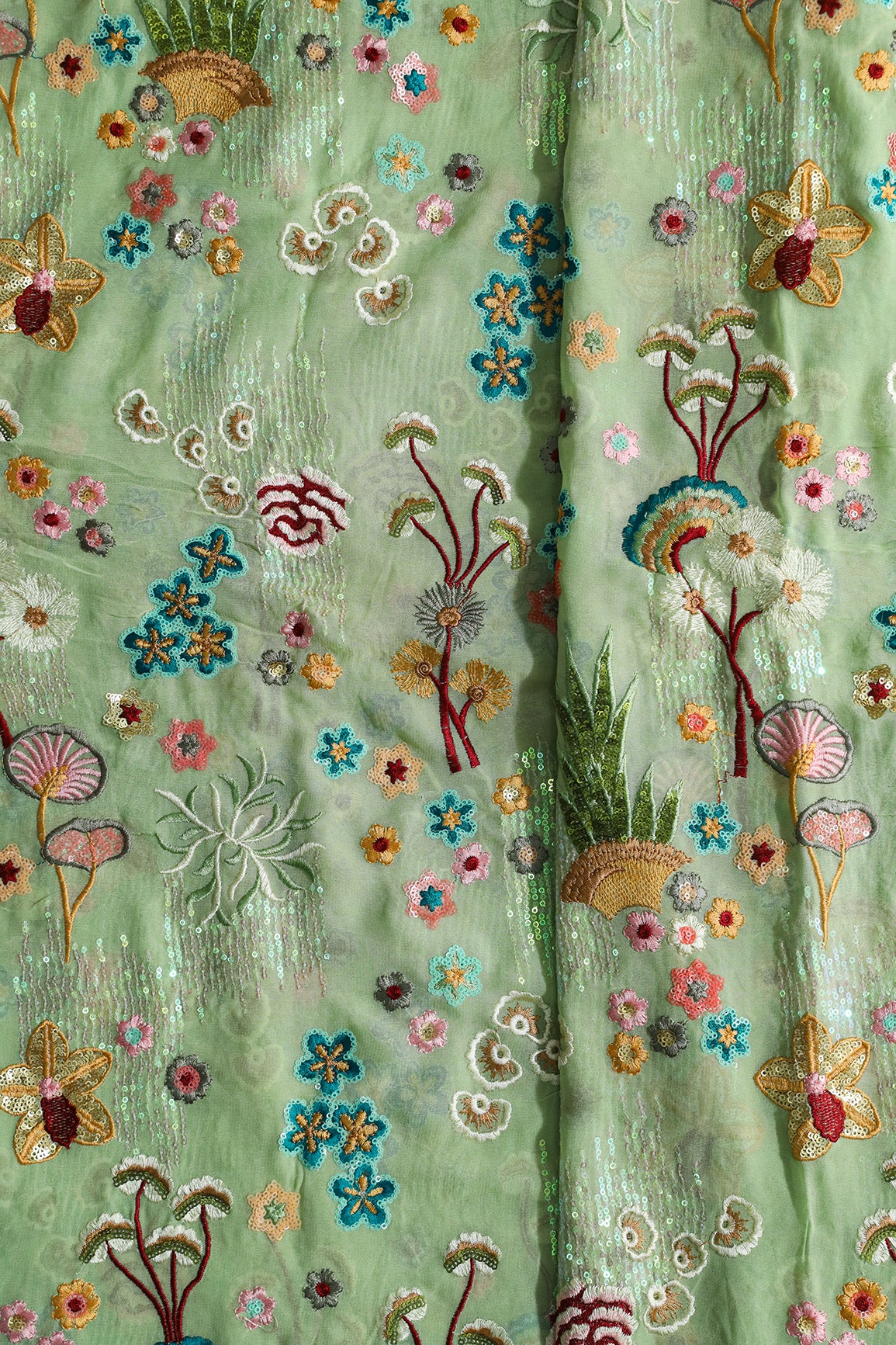 Exclusive Floral Designer Embroidery With Faux Mirror On Olive Viscose Georgette Fabric