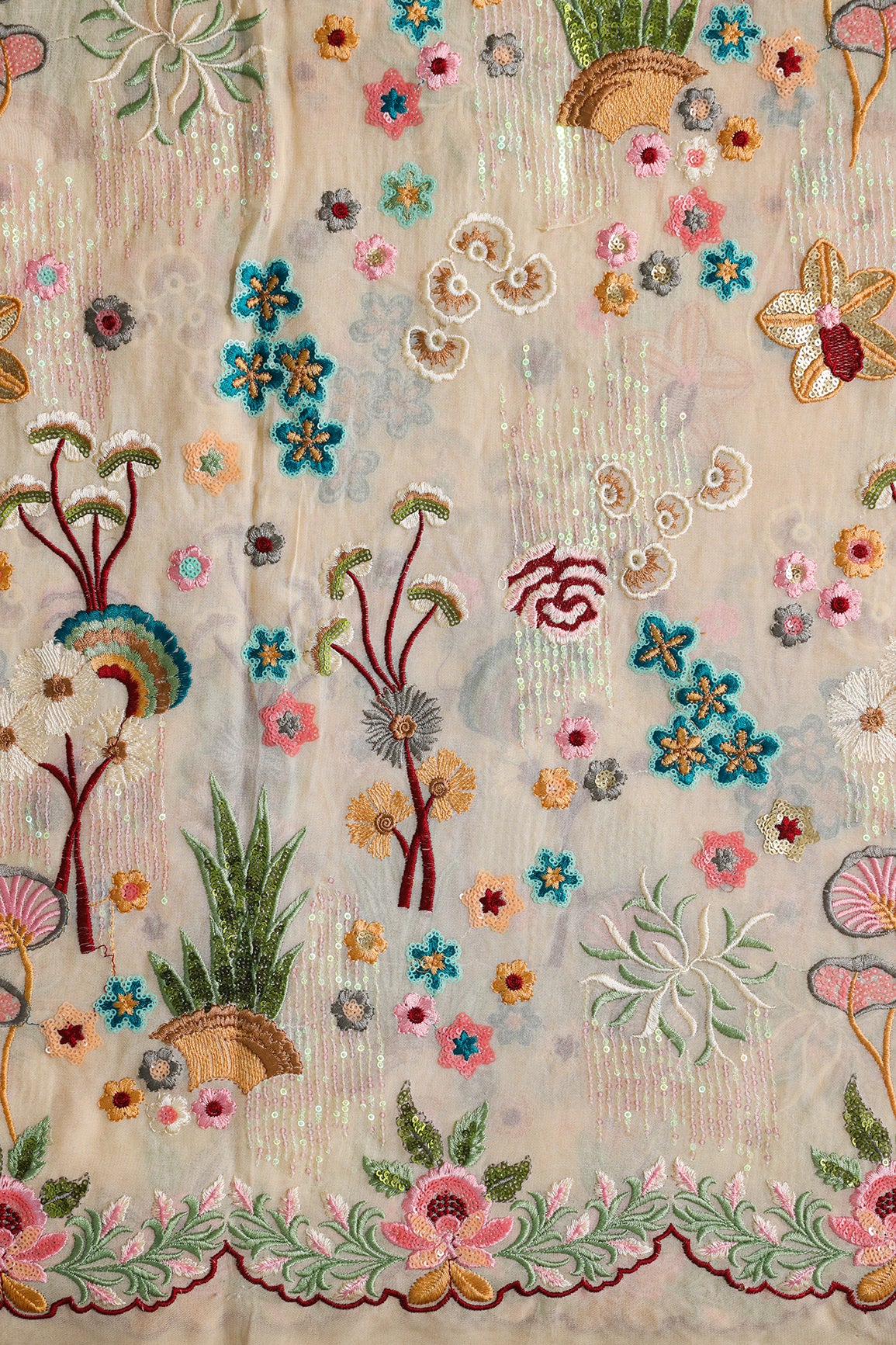 Big Width "52" Multi Sequins With Multi Thread Traditional Embroidery On Beige Viscose Georgette Fabric